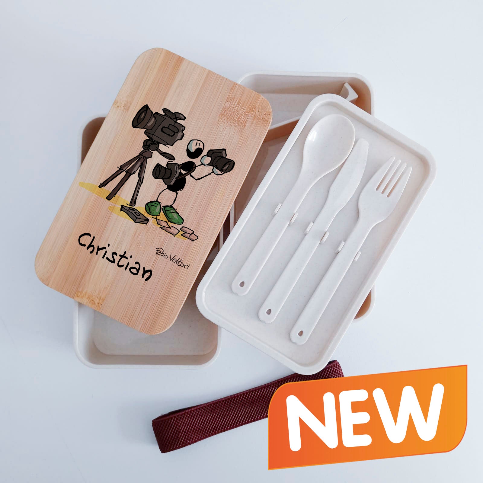 Scatola Porta Pranzo con coperchio in bambù e Posate Personalizzata soggetto "Fotografi"