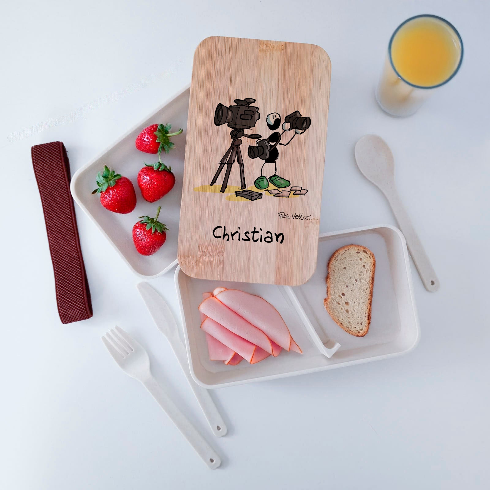 Scatola Porta Pranzo con coperchio in bambù e Posate Personalizzata soggetto "Fotografi"