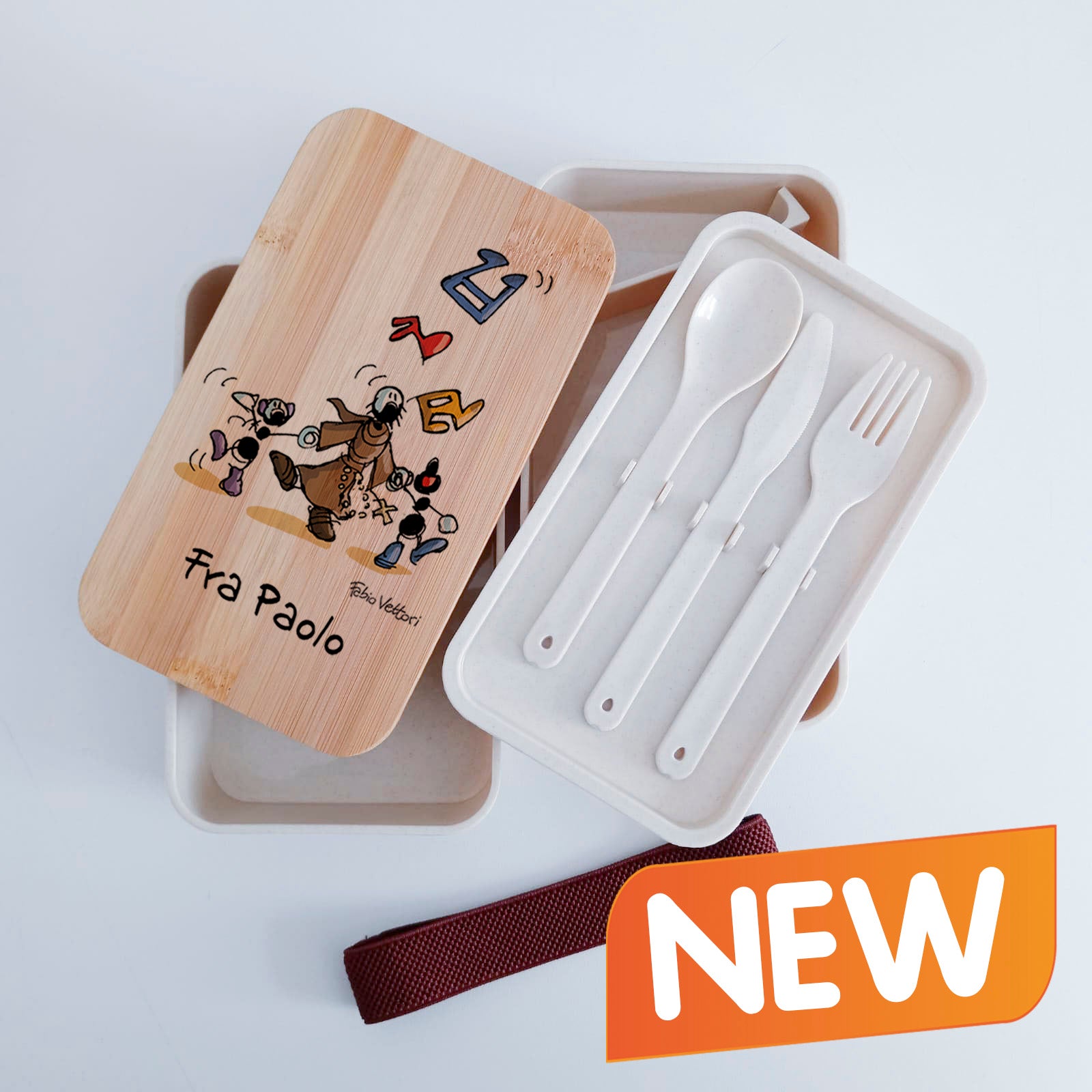 Scatola Porta Pranzo con coperchio in bambù e Posate Personalizzata soggetto "Frate"