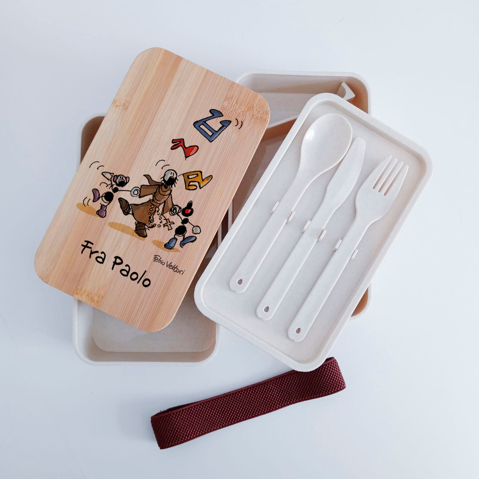 Scatola Porta Pranzo con coperchio in bambù e Posate Personalizzata soggetto "Frate"