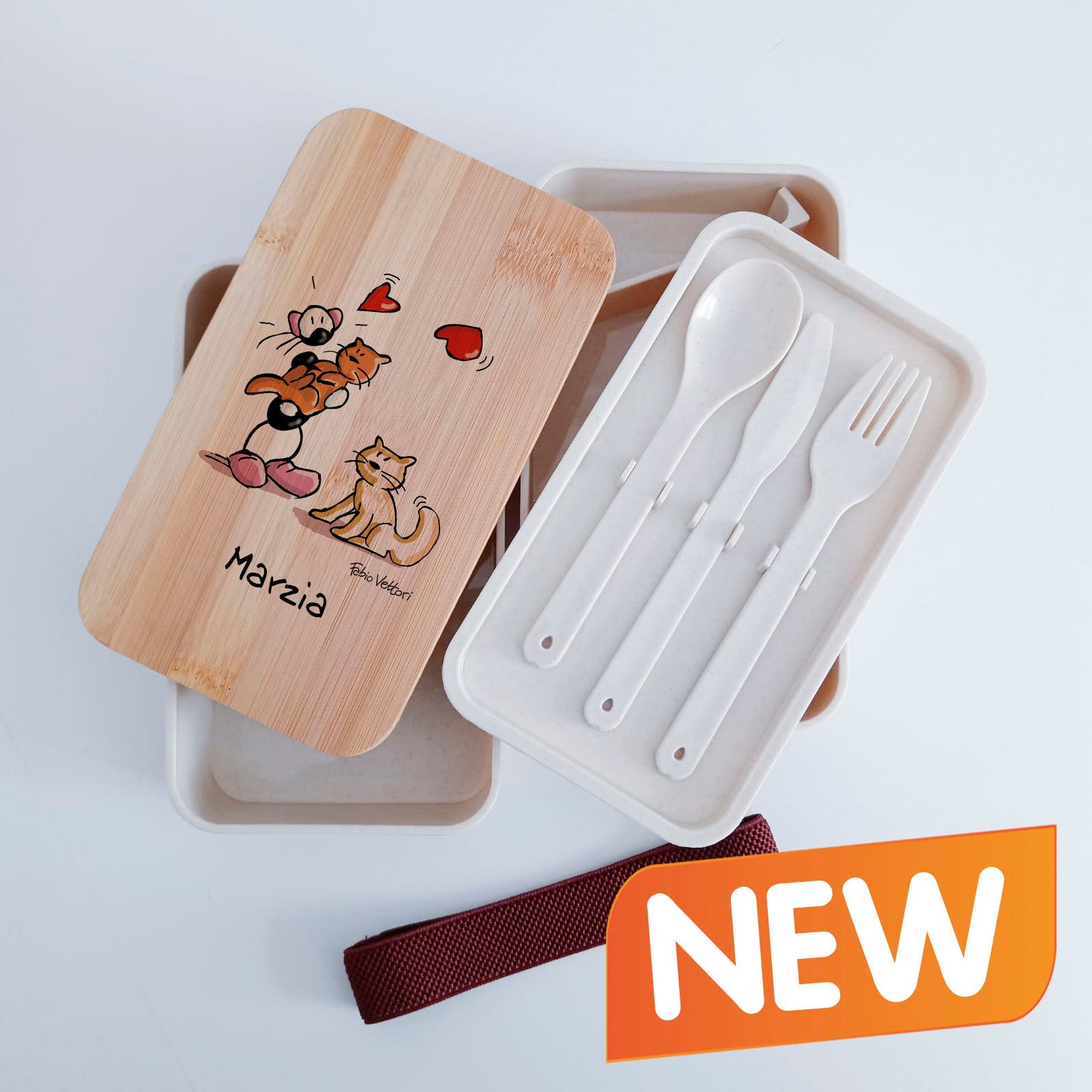 Scatola Porta Pranzo con coperchio in bambù e Posate Personalizzata soggetto "Gatti"