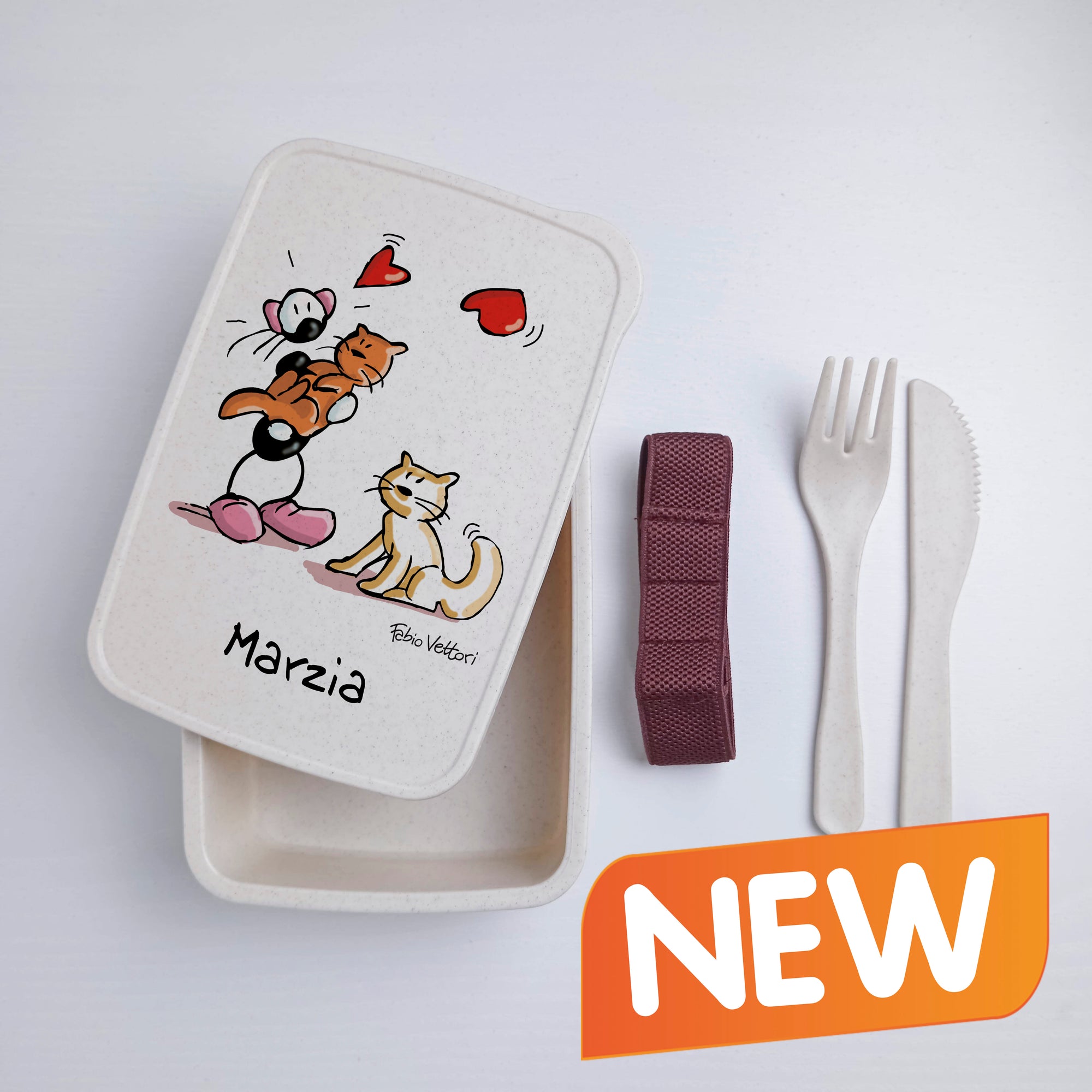 Scatola Porta Pranzo con Fascia Porta Posate Personalizzata soggetto "Gatti"