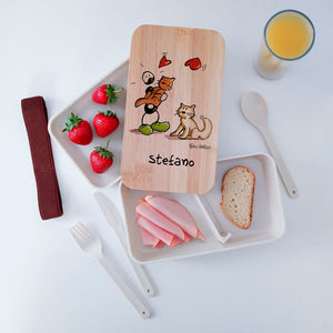 Scatola Porta Pranzo con coperchio in bambù e Posate Personalizzata soggetto "Gatti"