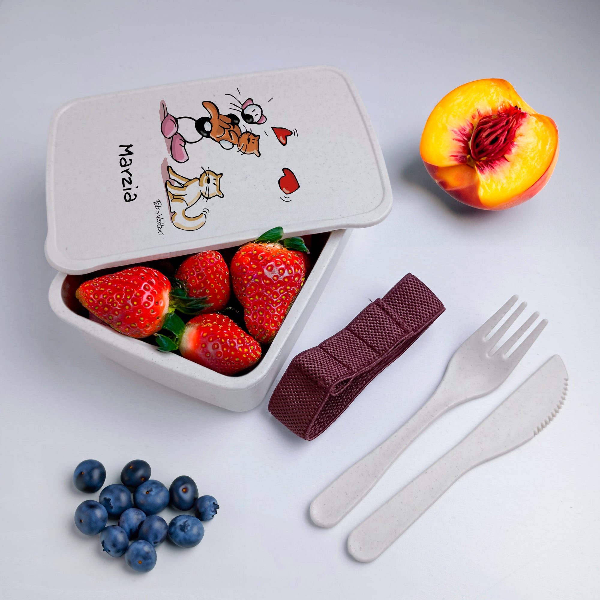 Lunch Box with Cutlery Holder Band Personalized with "Cats" Theme