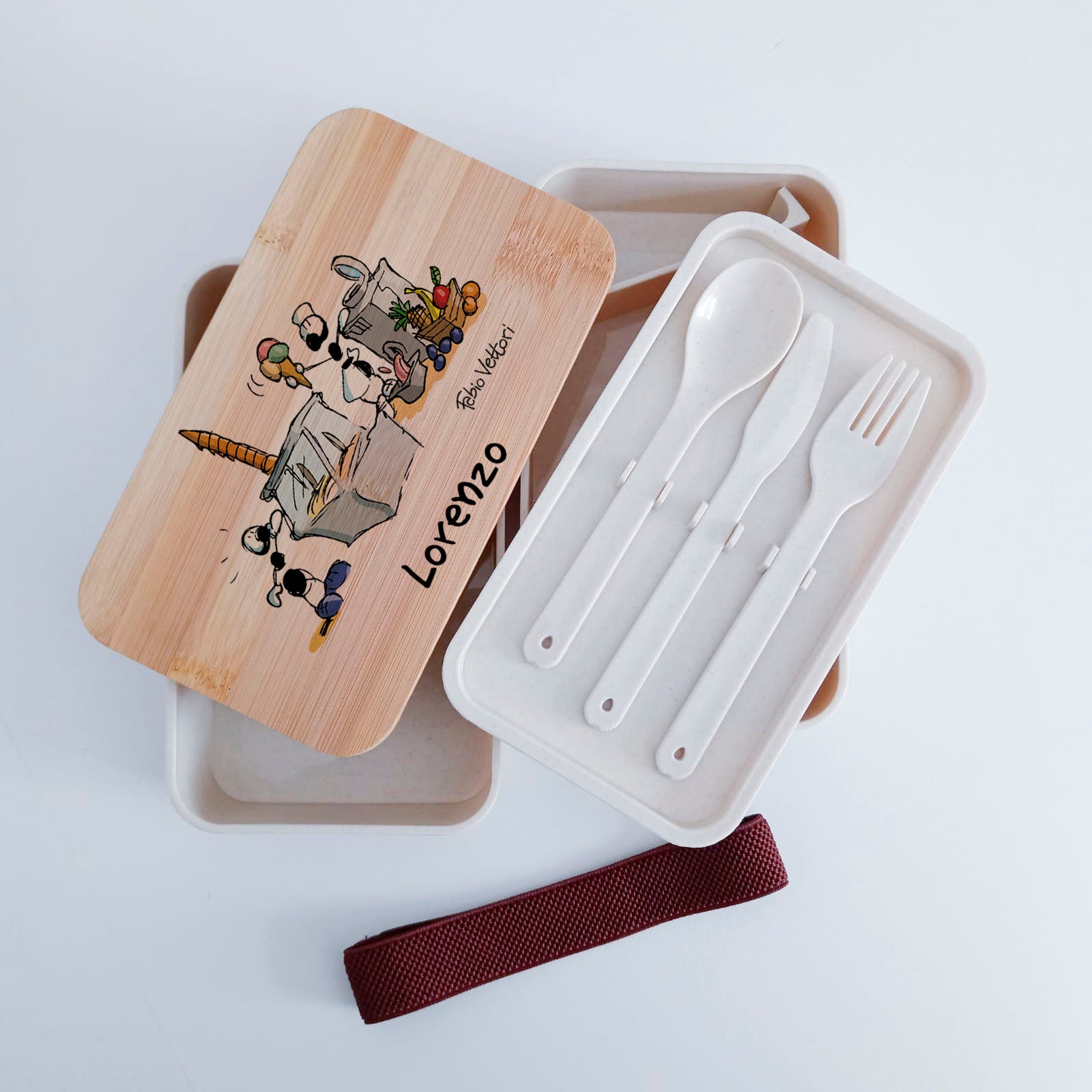 Scatola Porta Pranzo con coperchio in bambù e Posate Personalizzata soggetto "Gelataio"