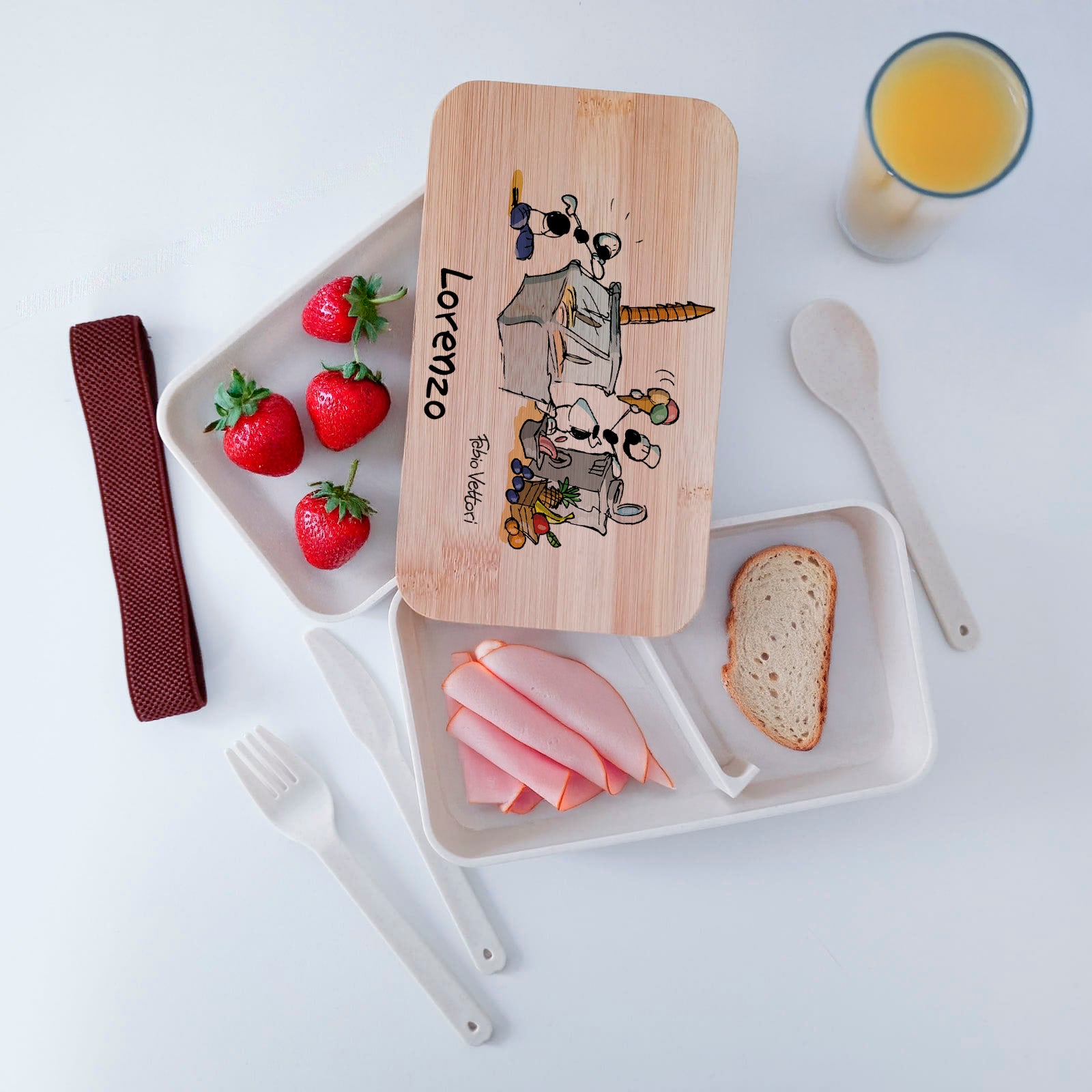 Scatola Porta Pranzo con coperchio in bambù e Posate Personalizzata soggetto "Gelataio"