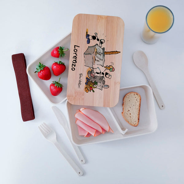 GRAVURZEILE Contenitore per il pranzo in acciaio inox con coperchio in legno di bambù stampato, con motivo cervo, personalizzabile, con nome, regalo per bambini per l'inizio della scuola, dimensioni