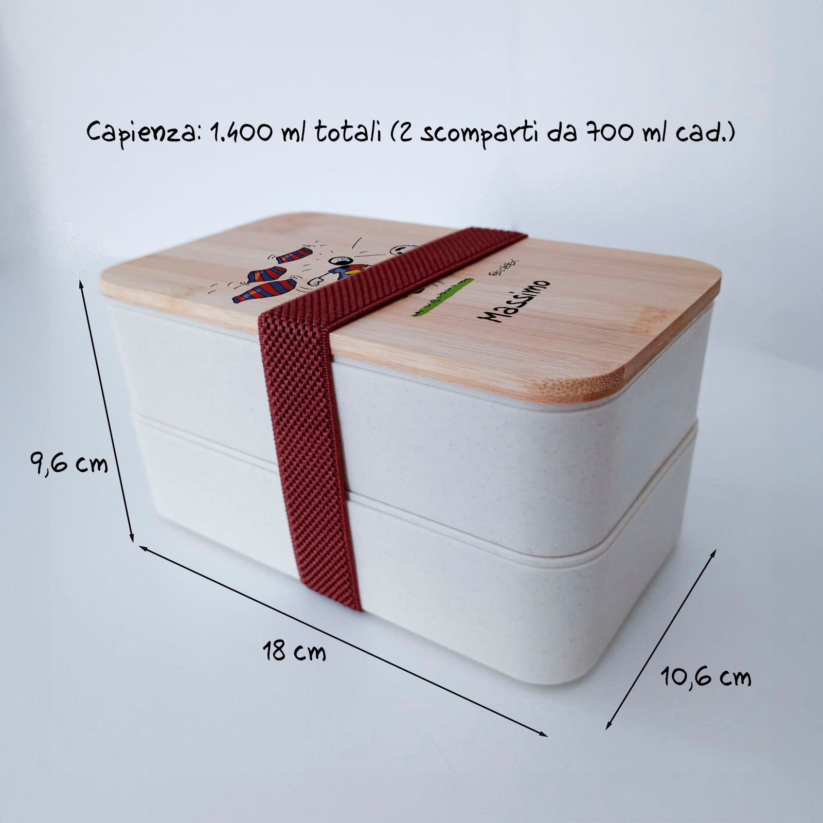 Scatola Porta Pranzo con coperchio in bambù e Posate Personalizzata soggetto "Genoa"