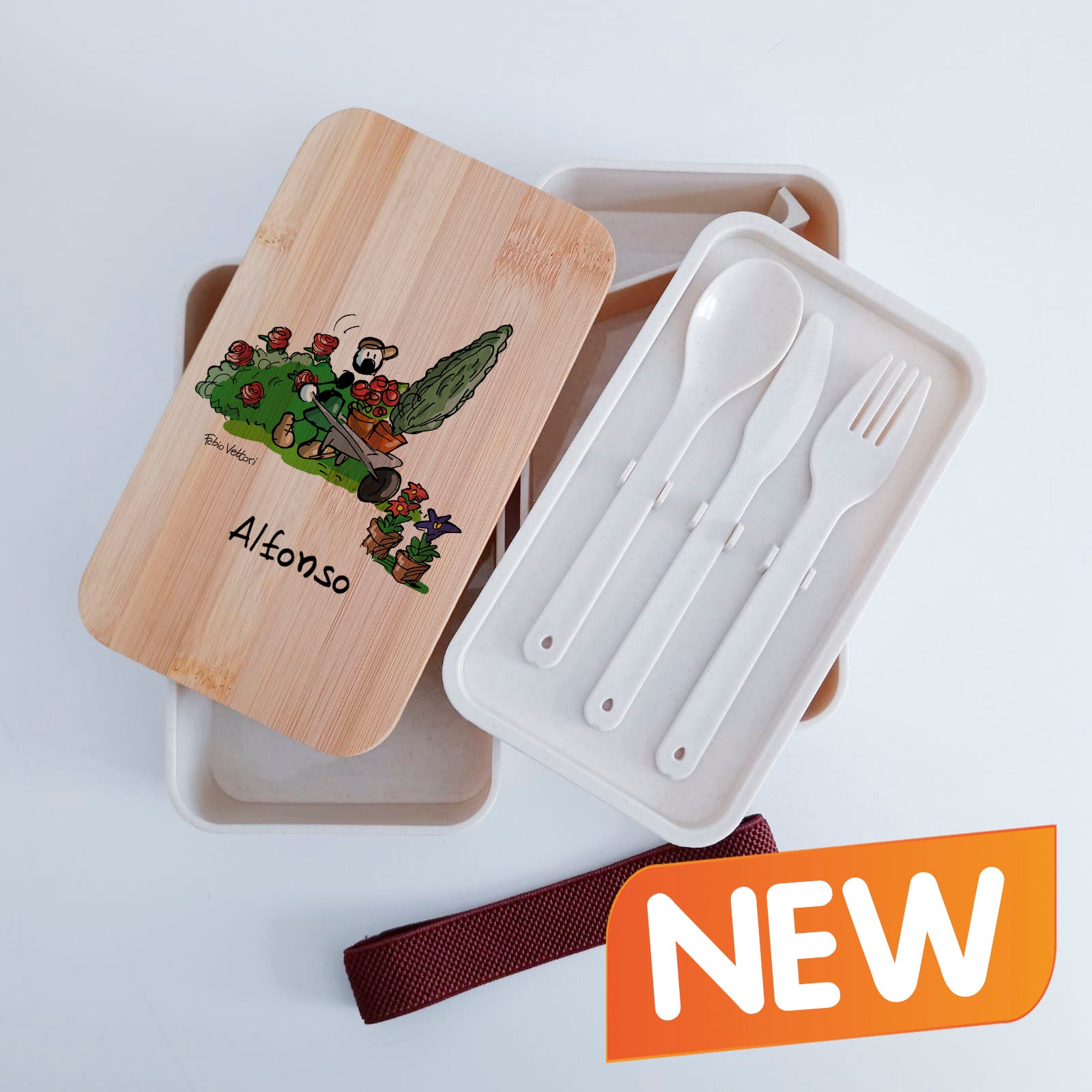 Scatola Porta Pranzo con coperchio in bambù e Posate Personalizzata soggetto "Giardiniere"