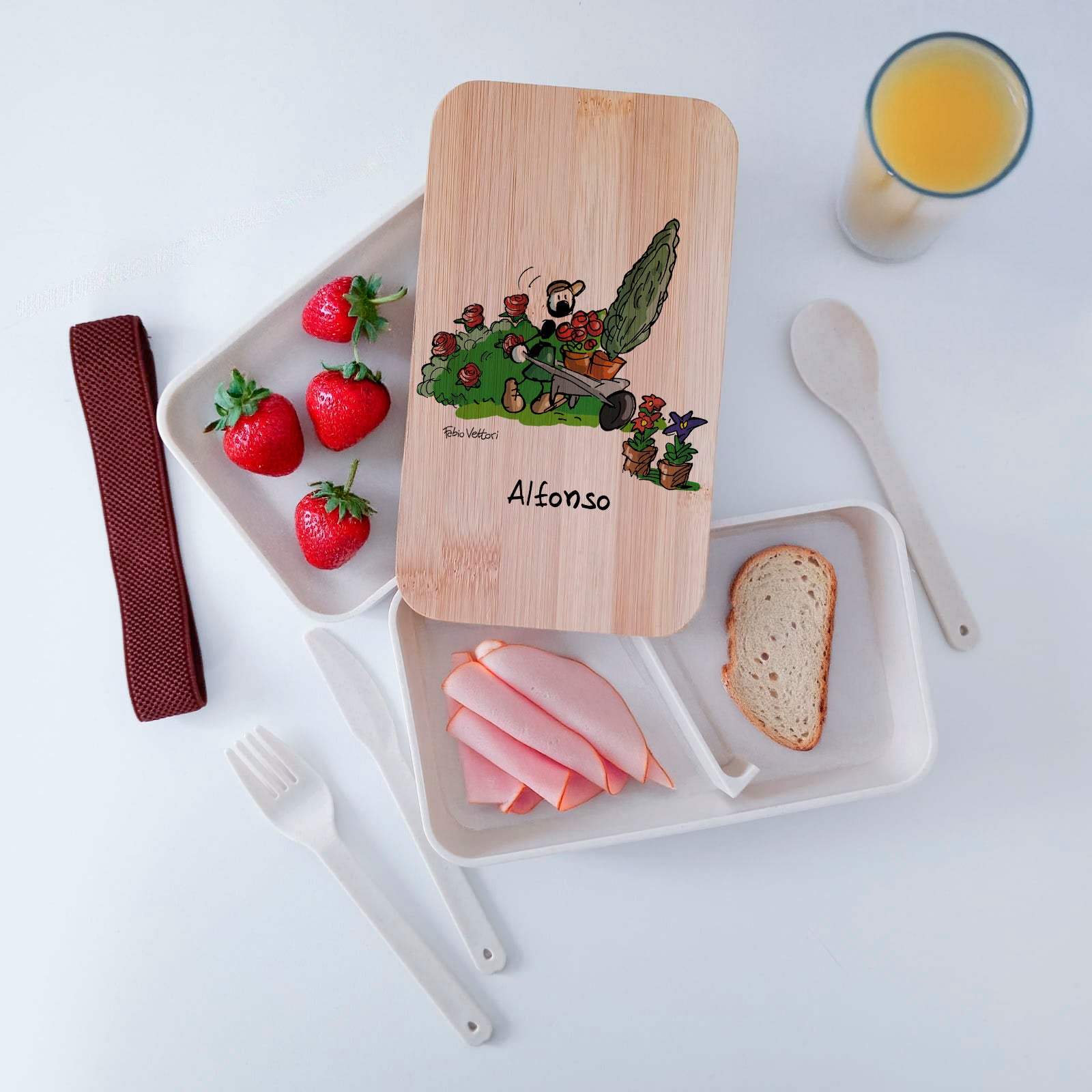 Scatola Porta Pranzo con coperchio in bambù e Posate Personalizzata soggetto "Giardiniere"