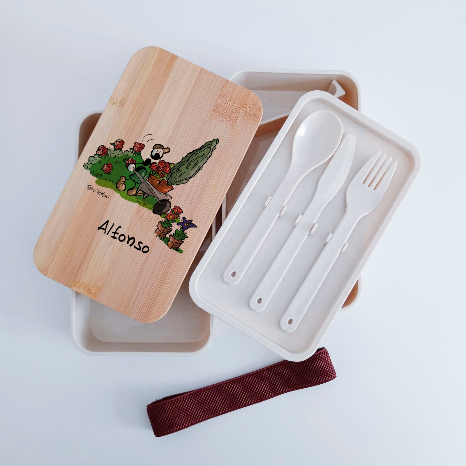 Scatola Porta Pranzo con coperchio in bambù e Posate Personalizzata soggetto "Giardiniere"