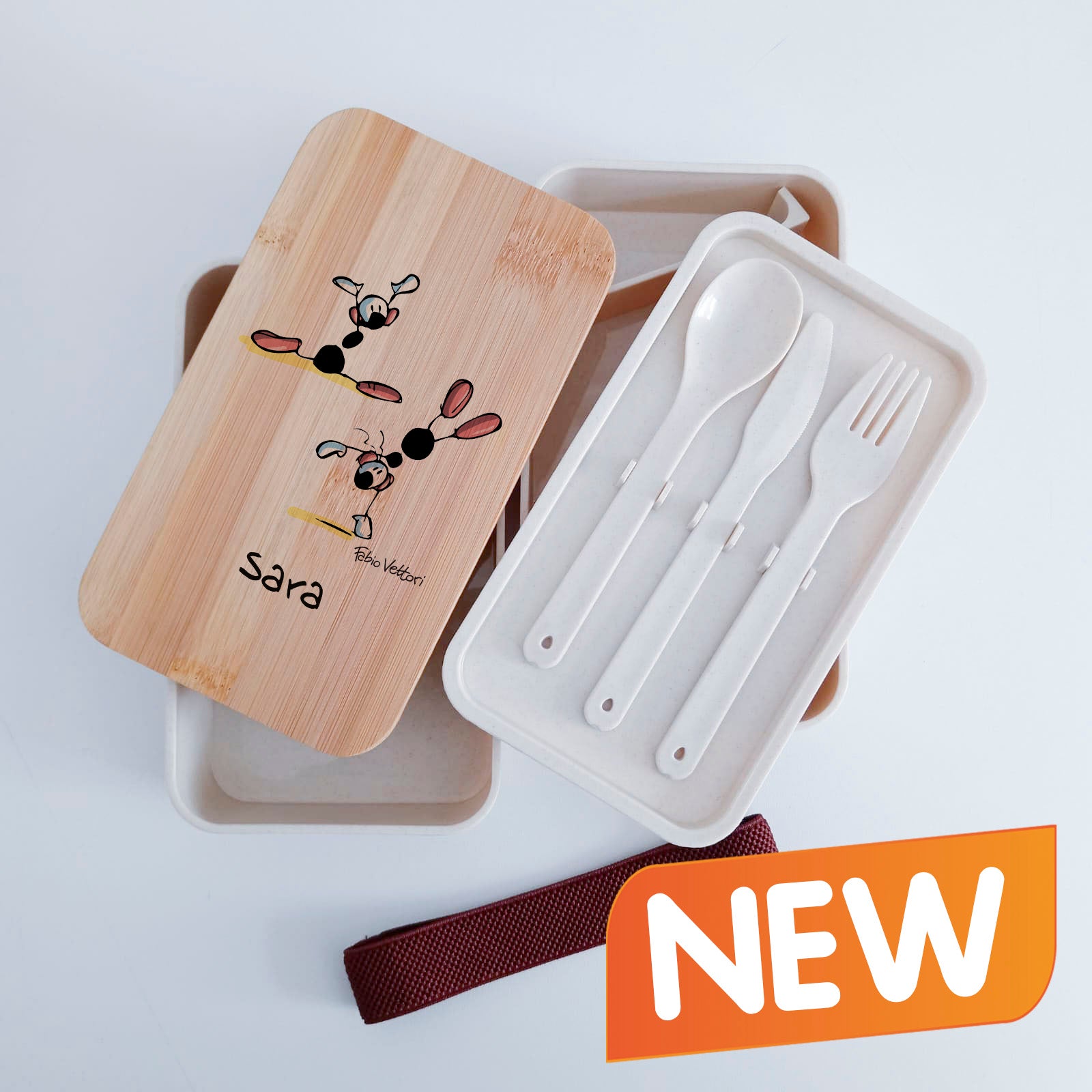 Scatola Porta Pranzo con coperchio in bambù e Posate Personalizzata soggetto "Ginnasta"