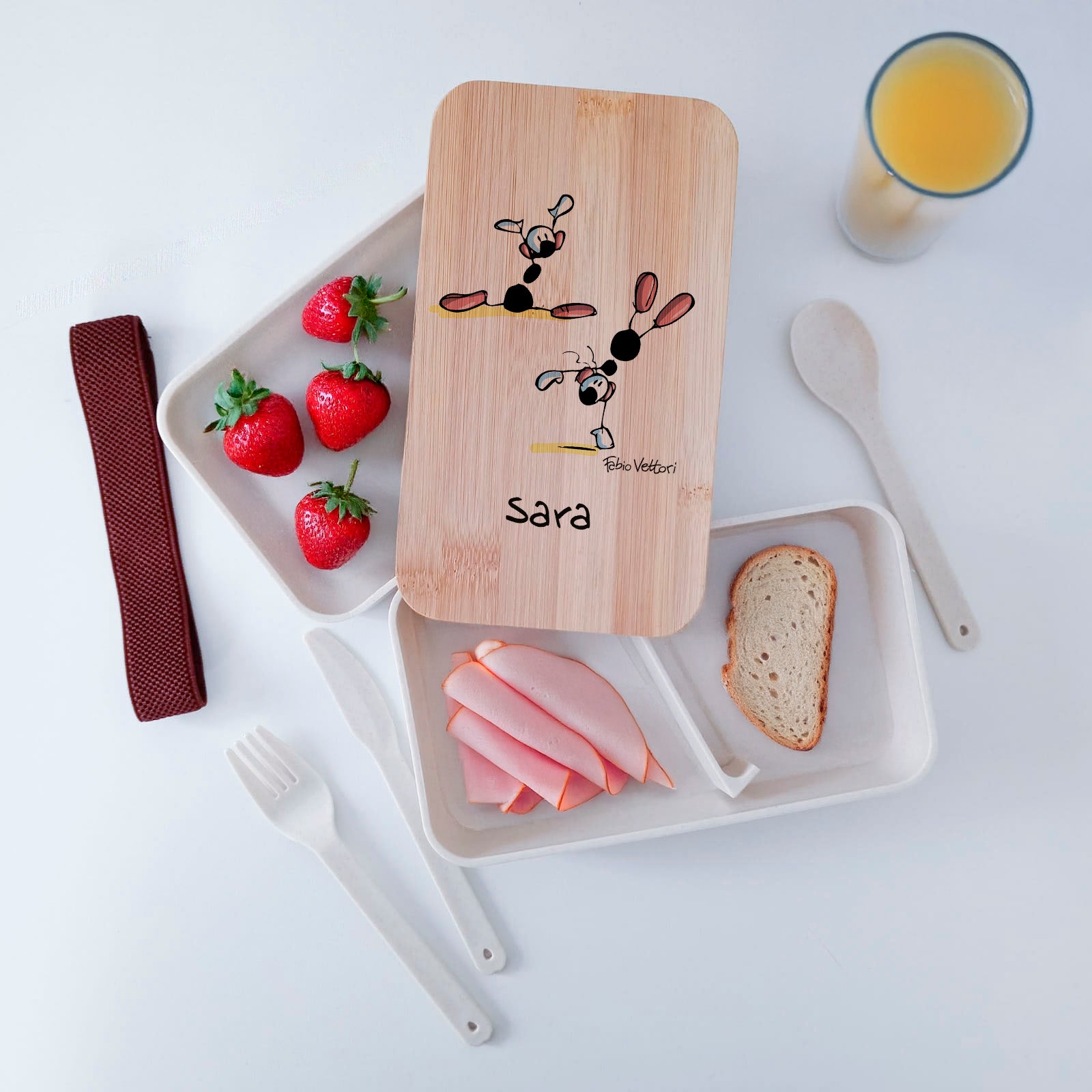 Scatola Porta Pranzo con coperchio in bambù e Posate Personalizzata soggetto "Ginnasta"