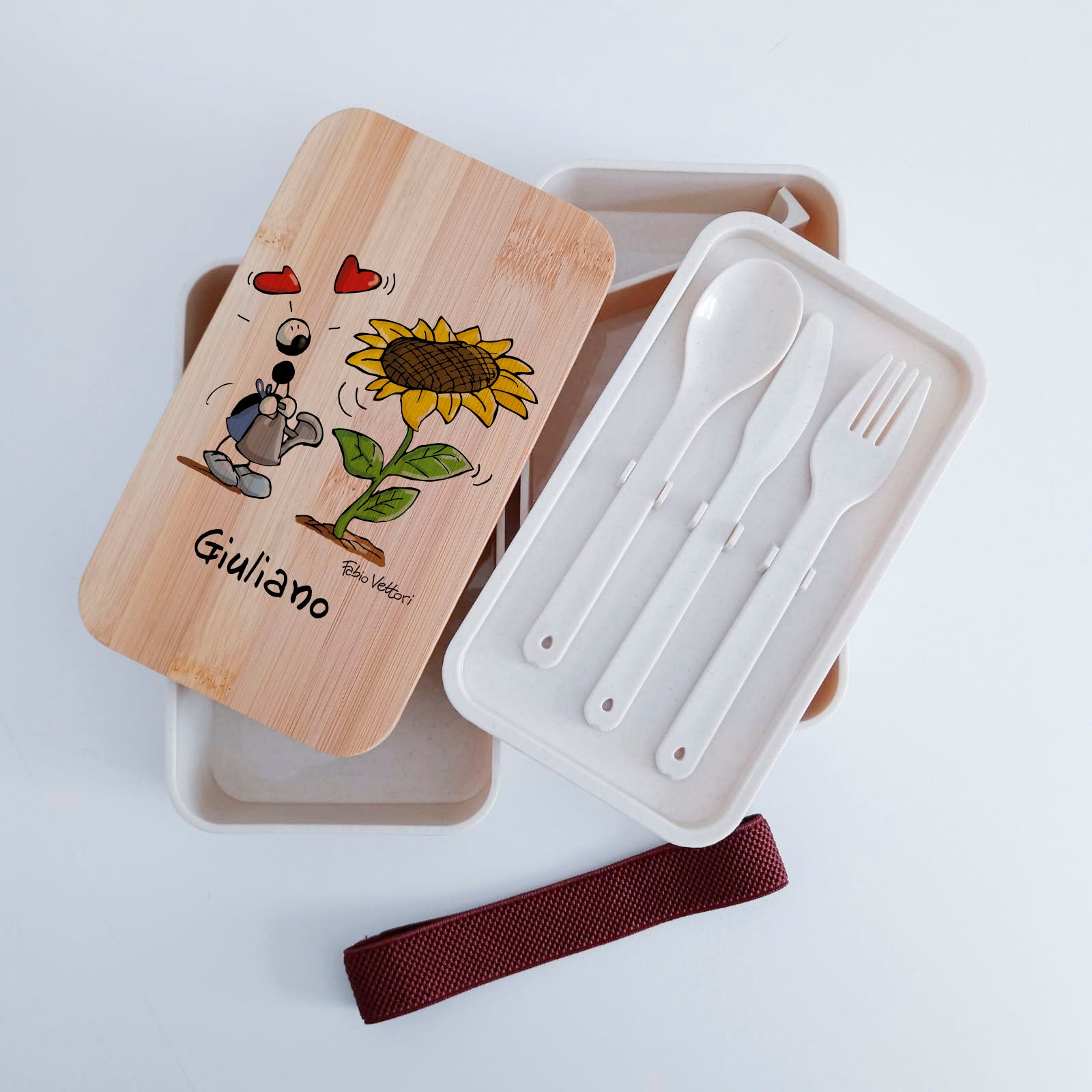 Lunch Box with Cutlery Holder Band Personalized "Sunflower" Theme