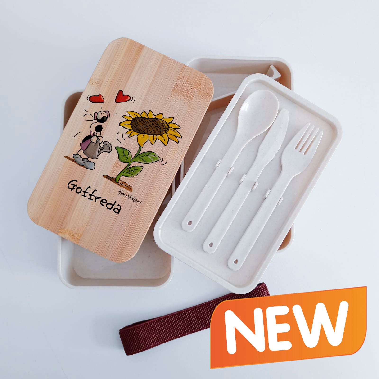 Scatola Porta Pranzo con coperchio in bambù e Posate Personalizzata soggetto "Girasole"