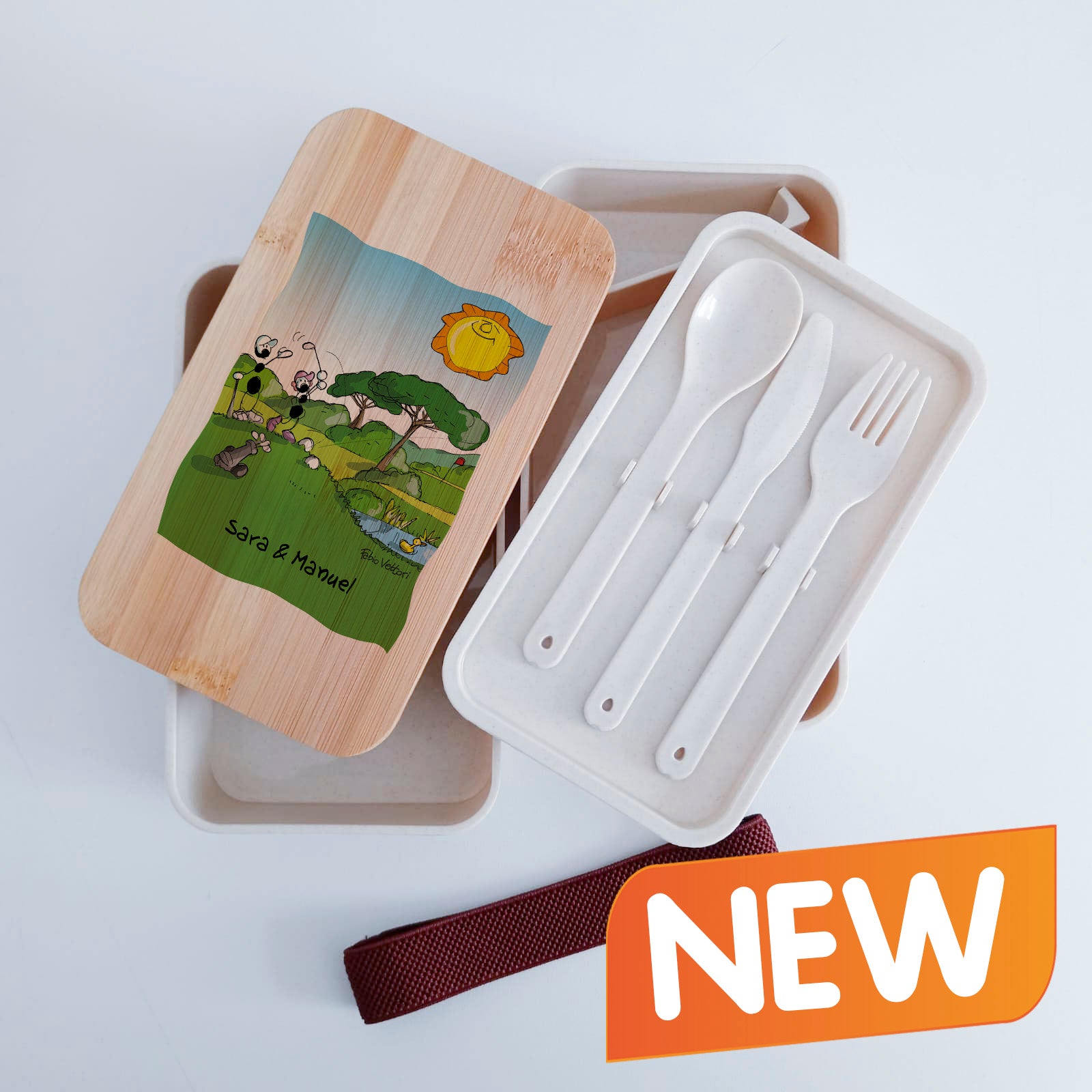 Scatola Porta Pranzo con coperchio in bambù e Posate Personalizzata soggetto "Golf"