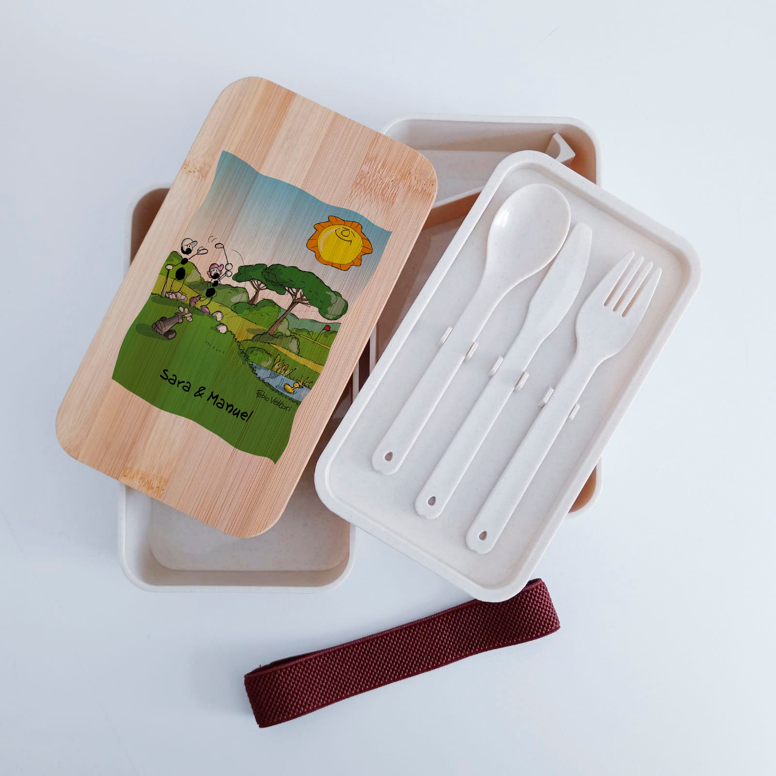 Scatola Porta Pranzo con coperchio in bambù e Posate Personalizzata soggetto "Golf"