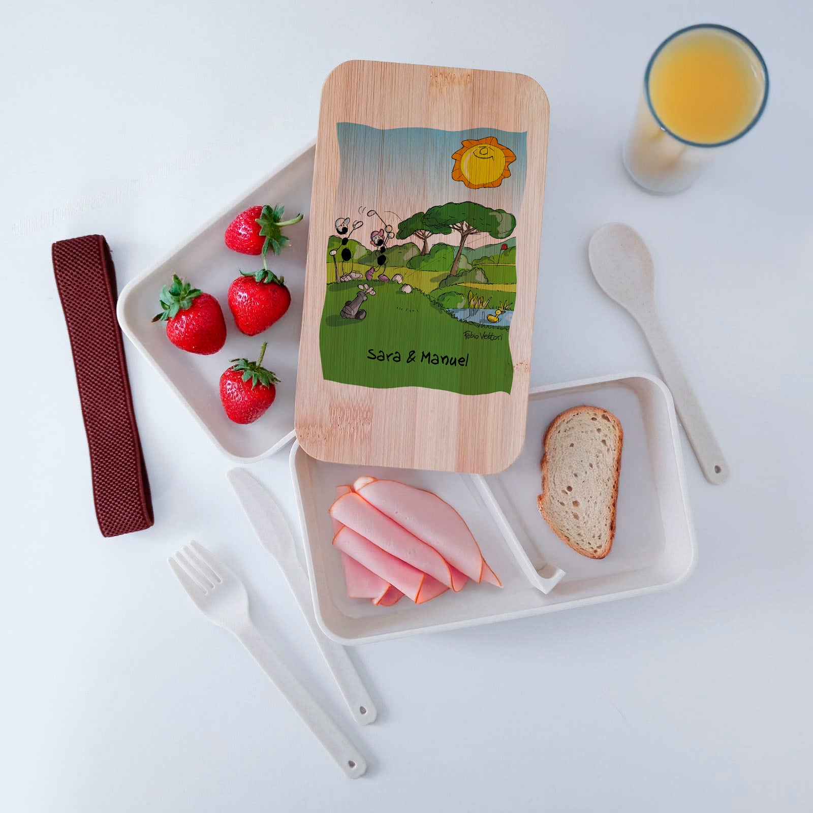 Scatola Porta Pranzo con coperchio in bambù e Posate Personalizzata soggetto "Golf"