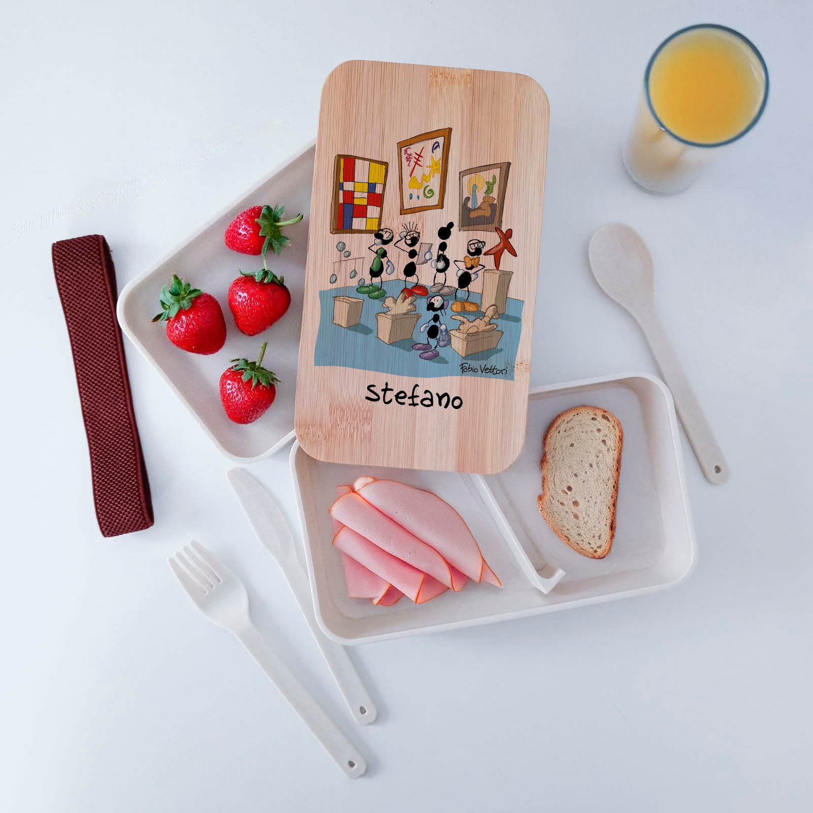 Lunch Box with Cutlery Holder Band Personalized "Museum Guide" Subject