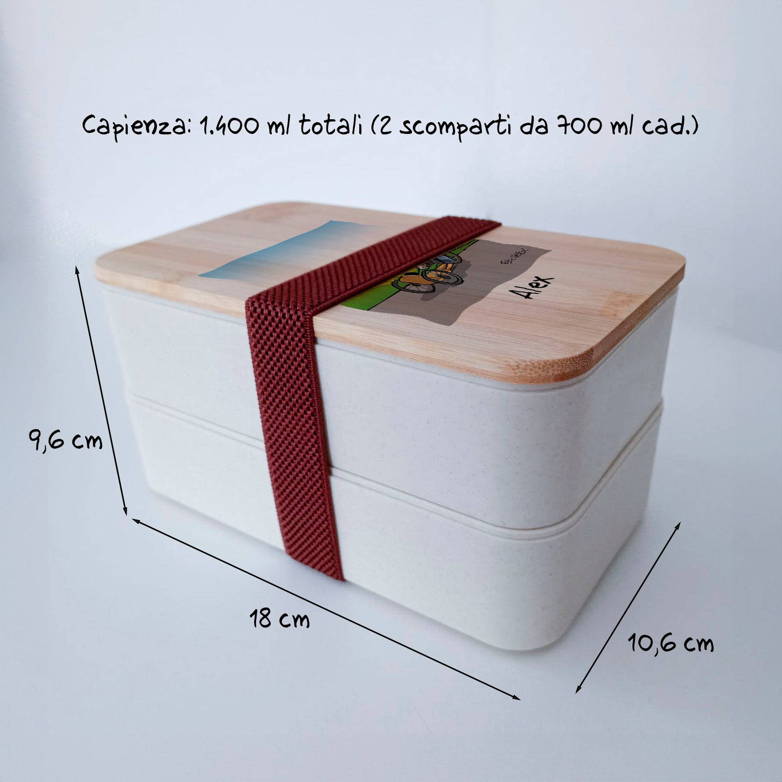 Scatola Porta Pranzo con coperchio in bambù e Posate Personalizzata soggetto "Handbike"