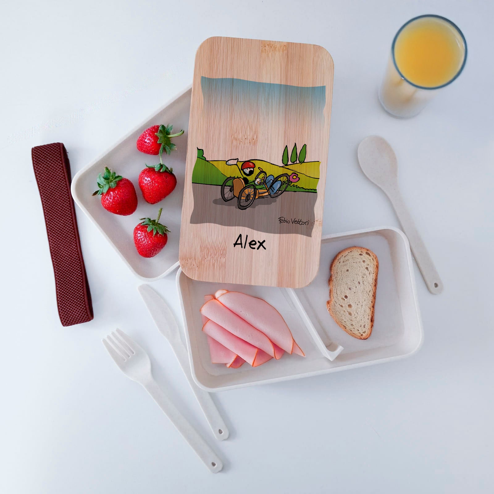 Scatola Porta Pranzo con coperchio in bambù e Posate Personalizzata soggetto "Handbike"