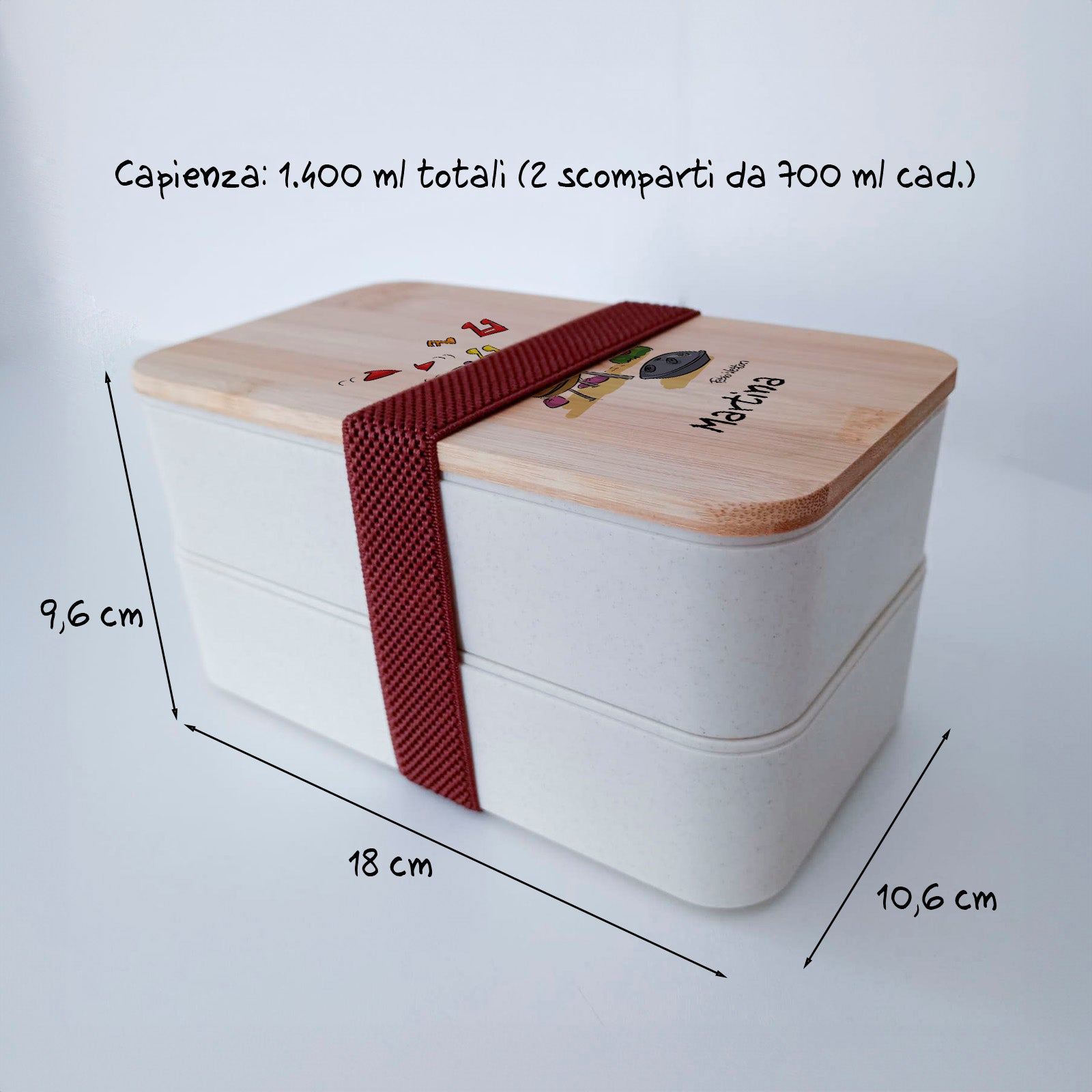 Scatola Porta Pranzo con coperchio in bambù e Posate Personalizzata soggetto "Handpan"