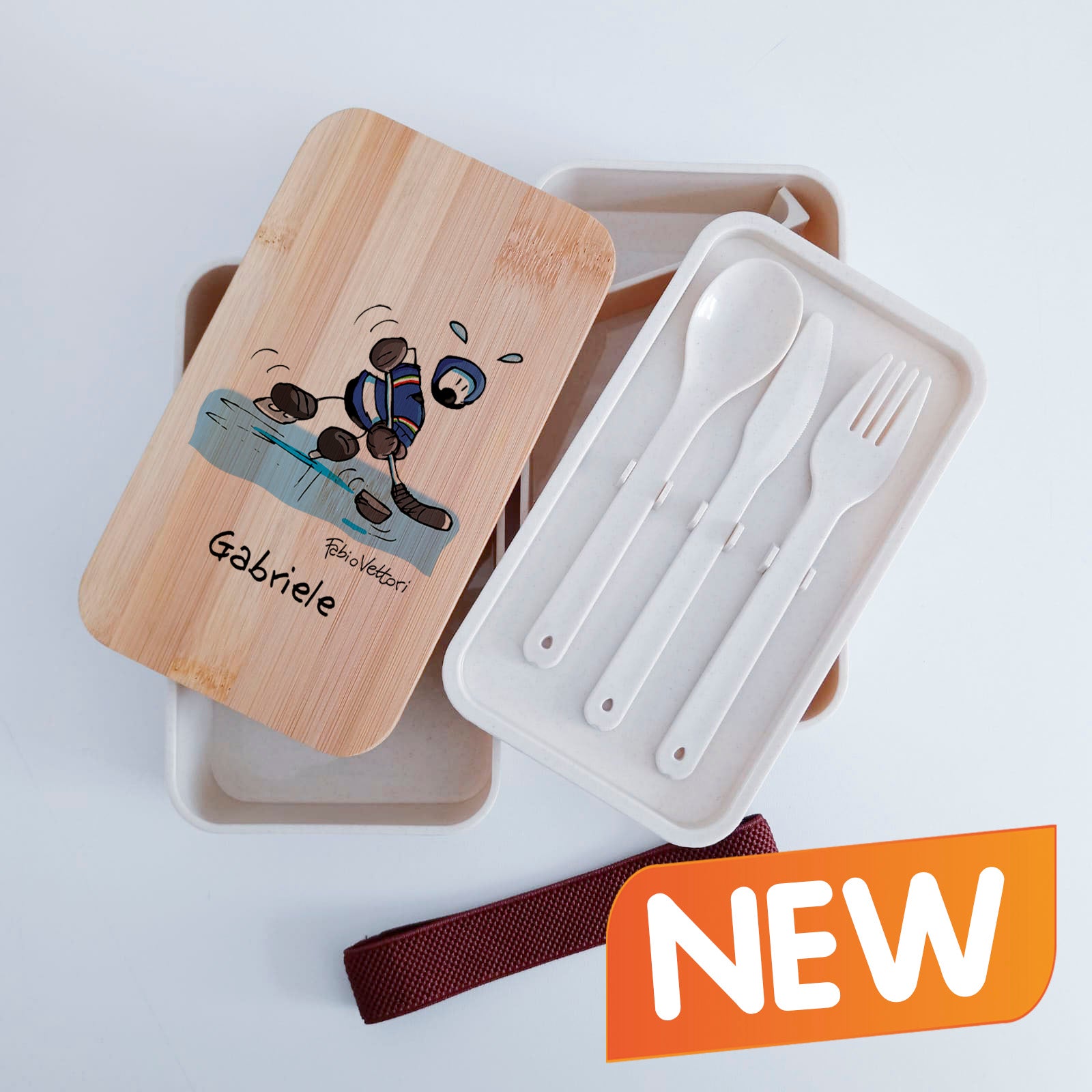Scatola Porta Pranzo con coperchio in bambù e Posate Personalizzata soggetto "Hockey"