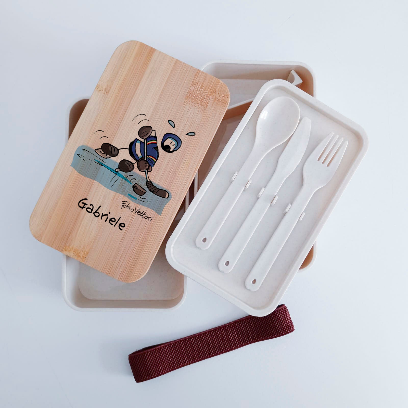 Scatola Porta Pranzo con coperchio in bambù e Posate Personalizzata soggetto "Hockey"