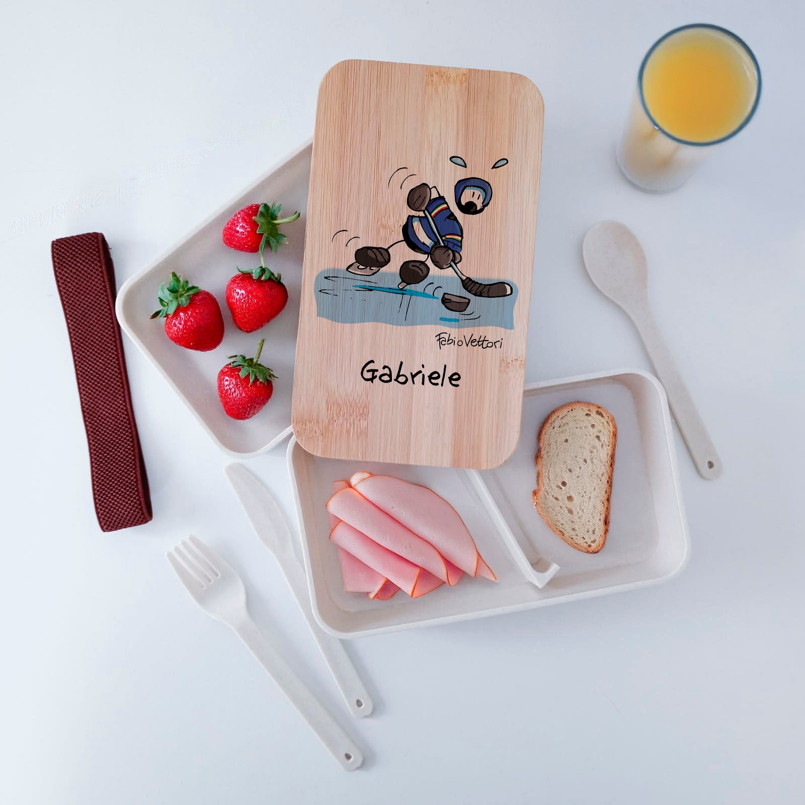 Scatola Porta Pranzo con coperchio in bambù e Posate Personalizzata soggetto "Hockey"