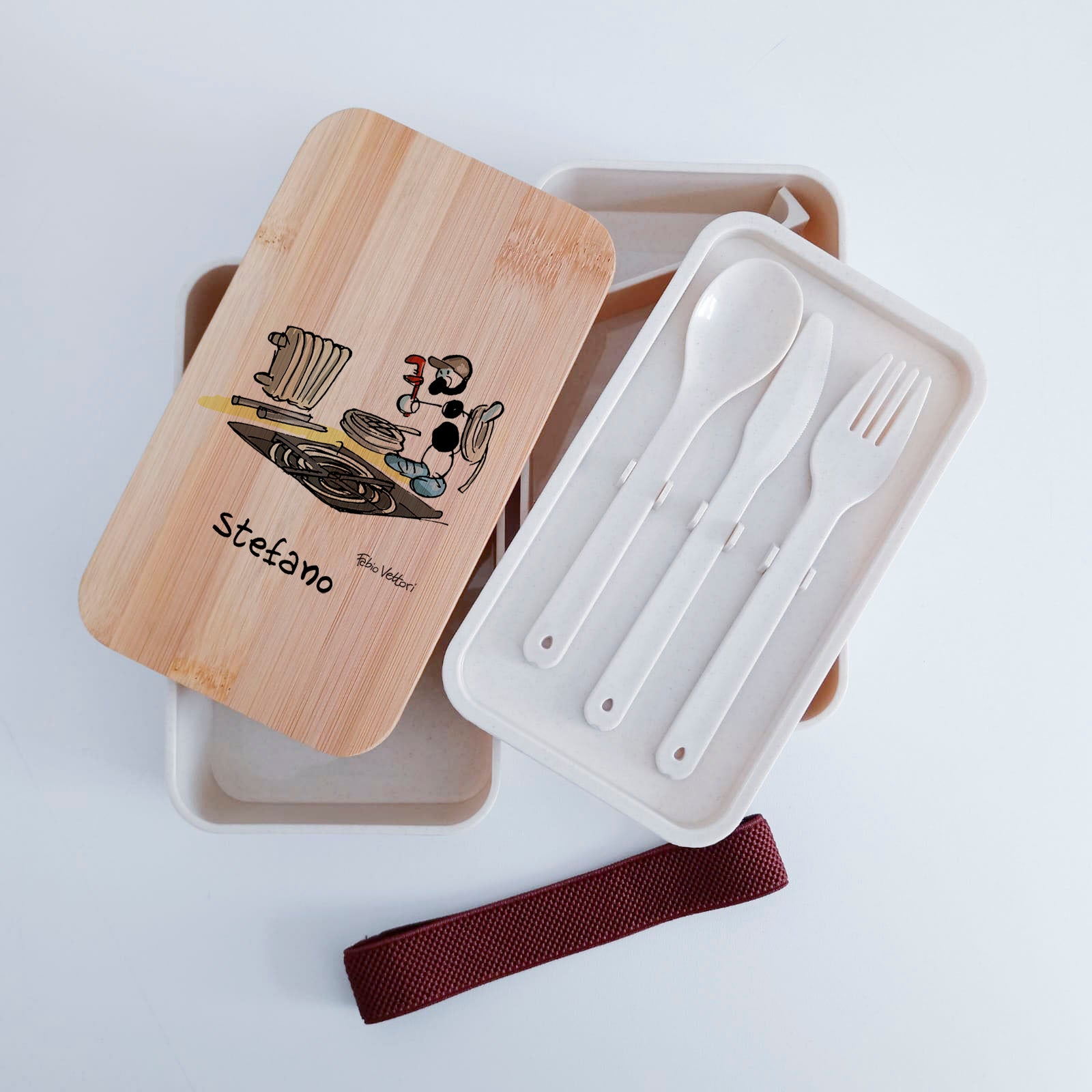 Scatola Porta Pranzo con coperchio in bambù e Posate Personalizzata soggetto "Idraulico"