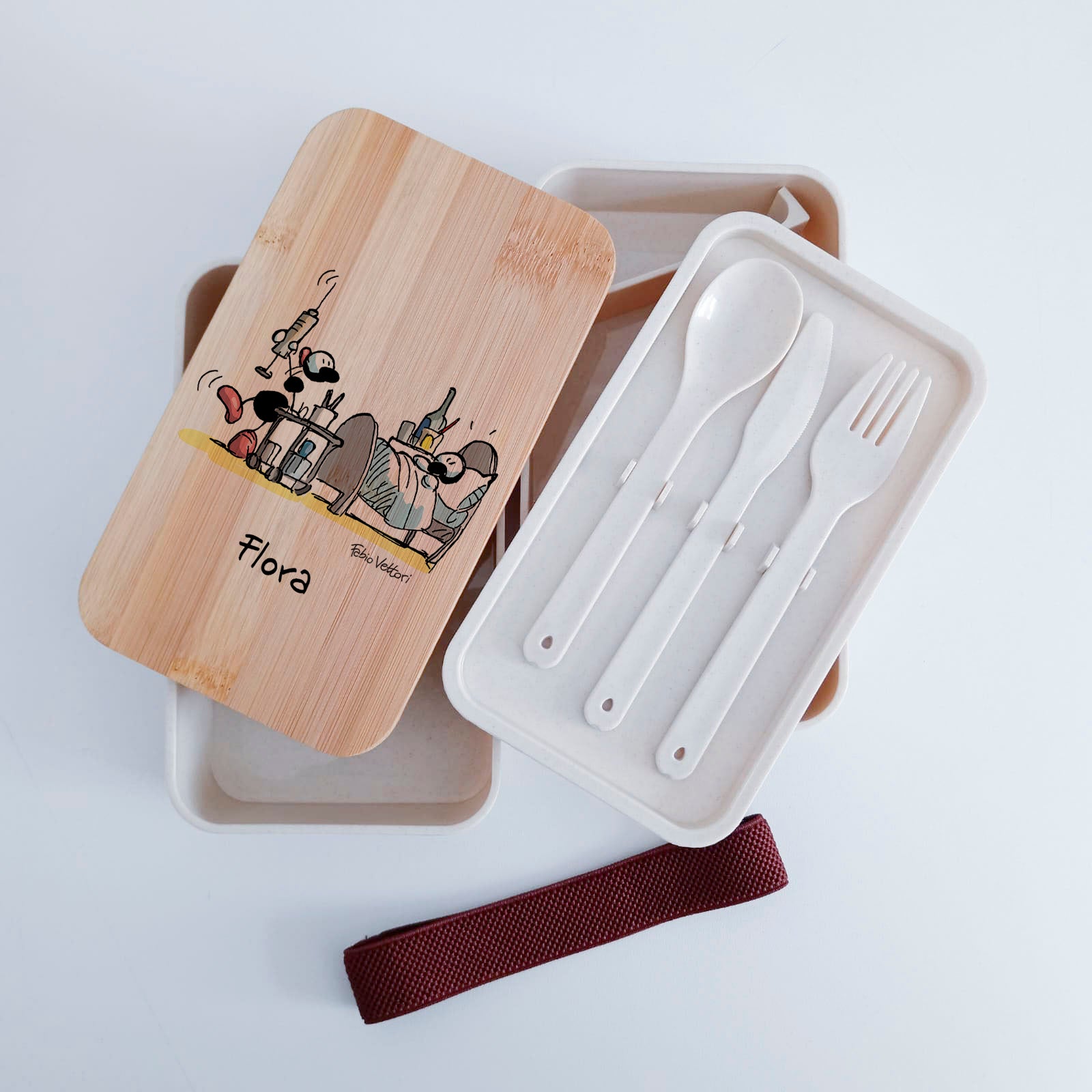 Scatola Porta Pranzo con coperchio in bambù e Posate Personalizzata soggetto "Infermieri"
