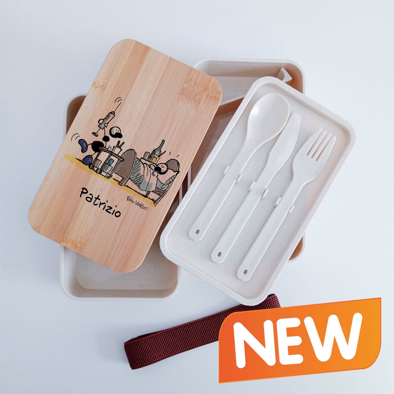 Scatola Porta Pranzo con coperchio in bambù e Posate Personalizzata soggetto "Infermieri"