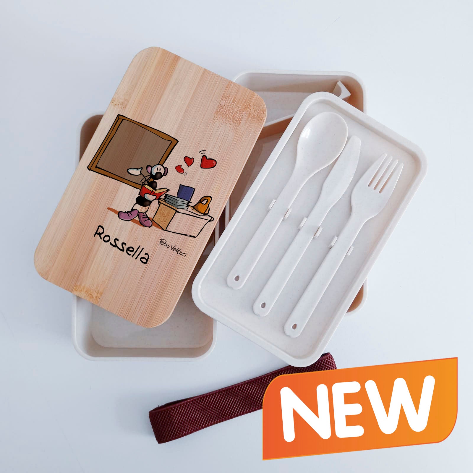 Scatola Porta Pranzo con coperchio in bambù e Posate Personalizzata soggetto "Insegnante"