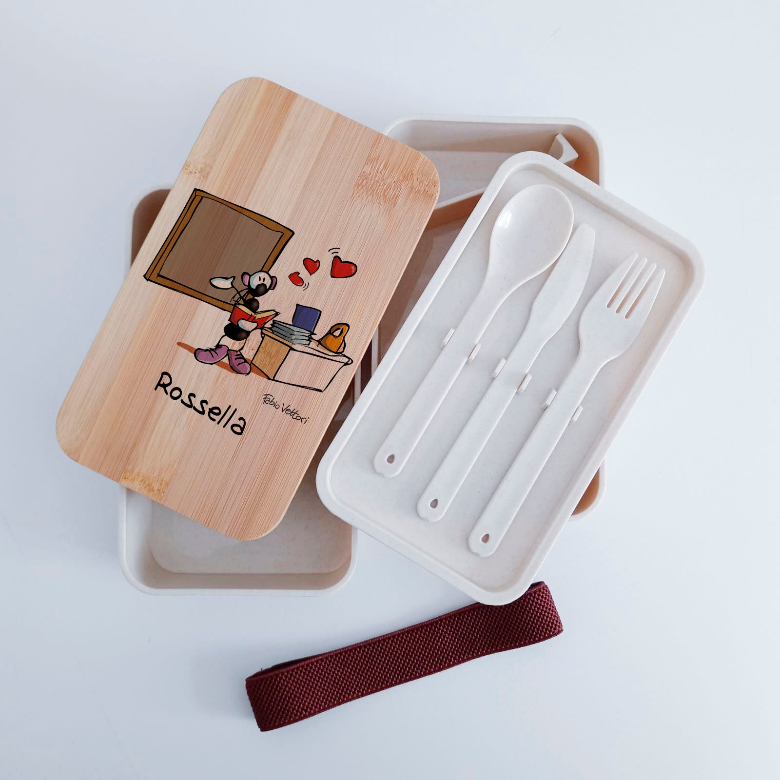 Scatola Porta Pranzo con coperchio in bambù e Posate Personalizzata soggetto "Insegnante"