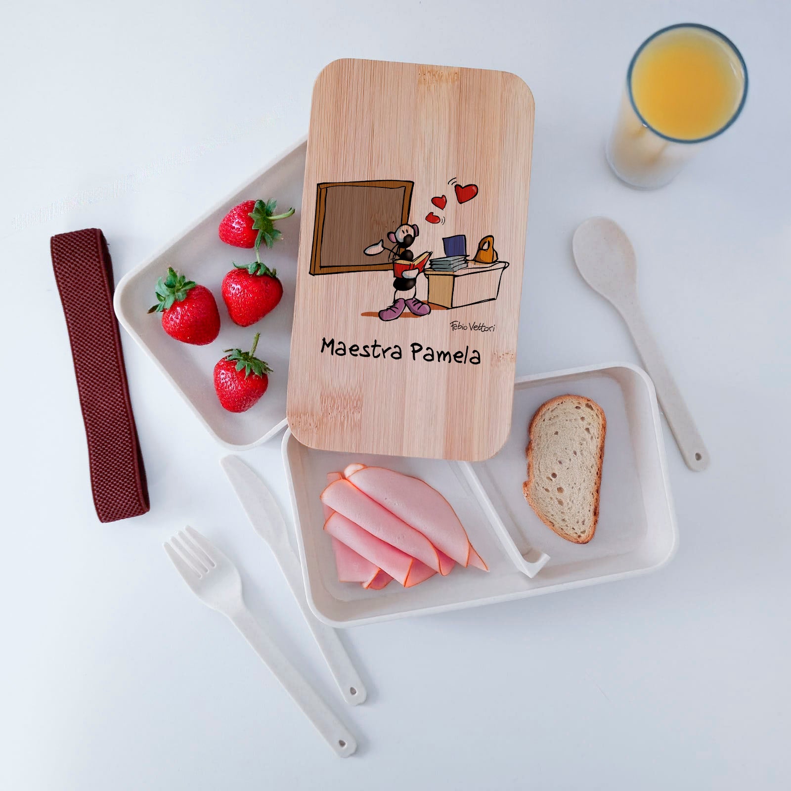 Scatola Porta Pranzo con coperchio in bambù e Posate Personalizzata soggetto "Insegnante"