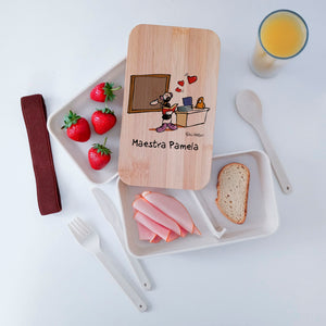 Scatola Porta Pranzo con coperchio in bambù e Posate Personalizzata soggetto "Insegnante"
