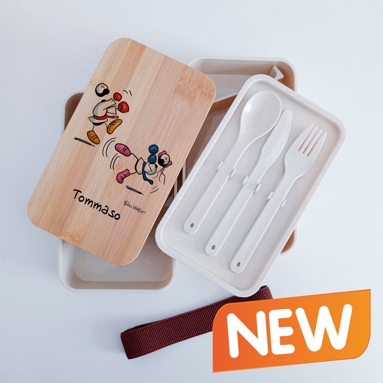 Scatola Porta Pranzo con coperchio in bambù e Posate Personalizzata soggetto "Karate"