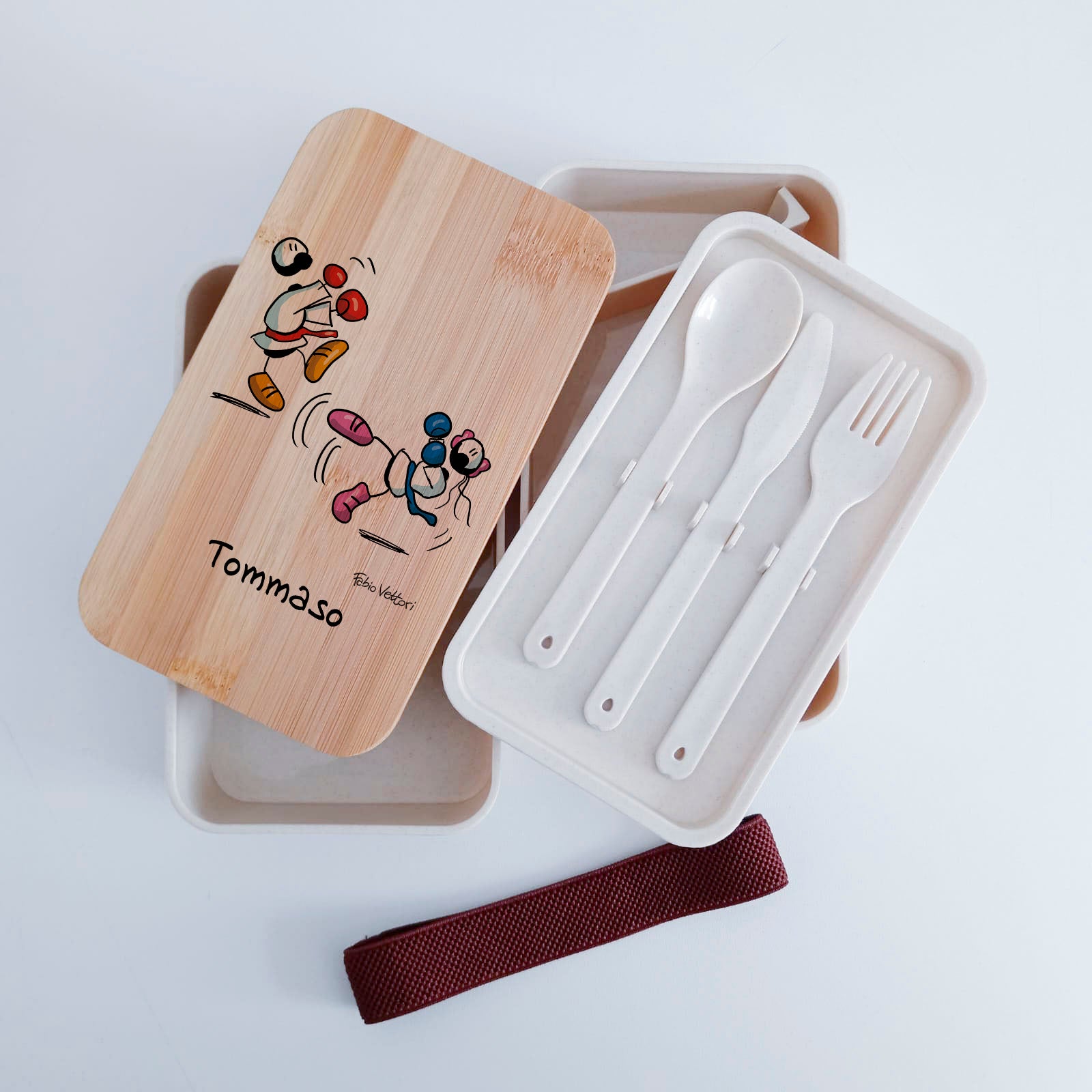 Scatola Porta Pranzo con coperchio in bambù e Posate Personalizzata soggetto "Karate"