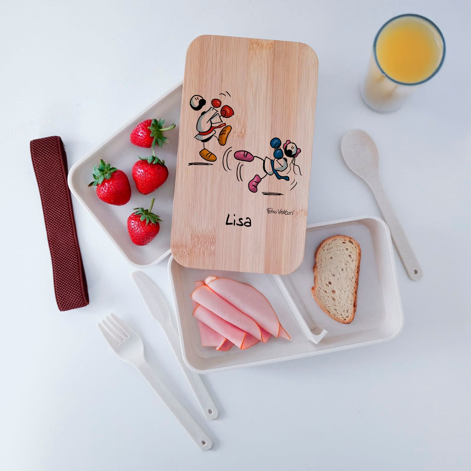 Scatola Porta Pranzo con coperchio in bambù e Posate Personalizzata soggetto "Karate"