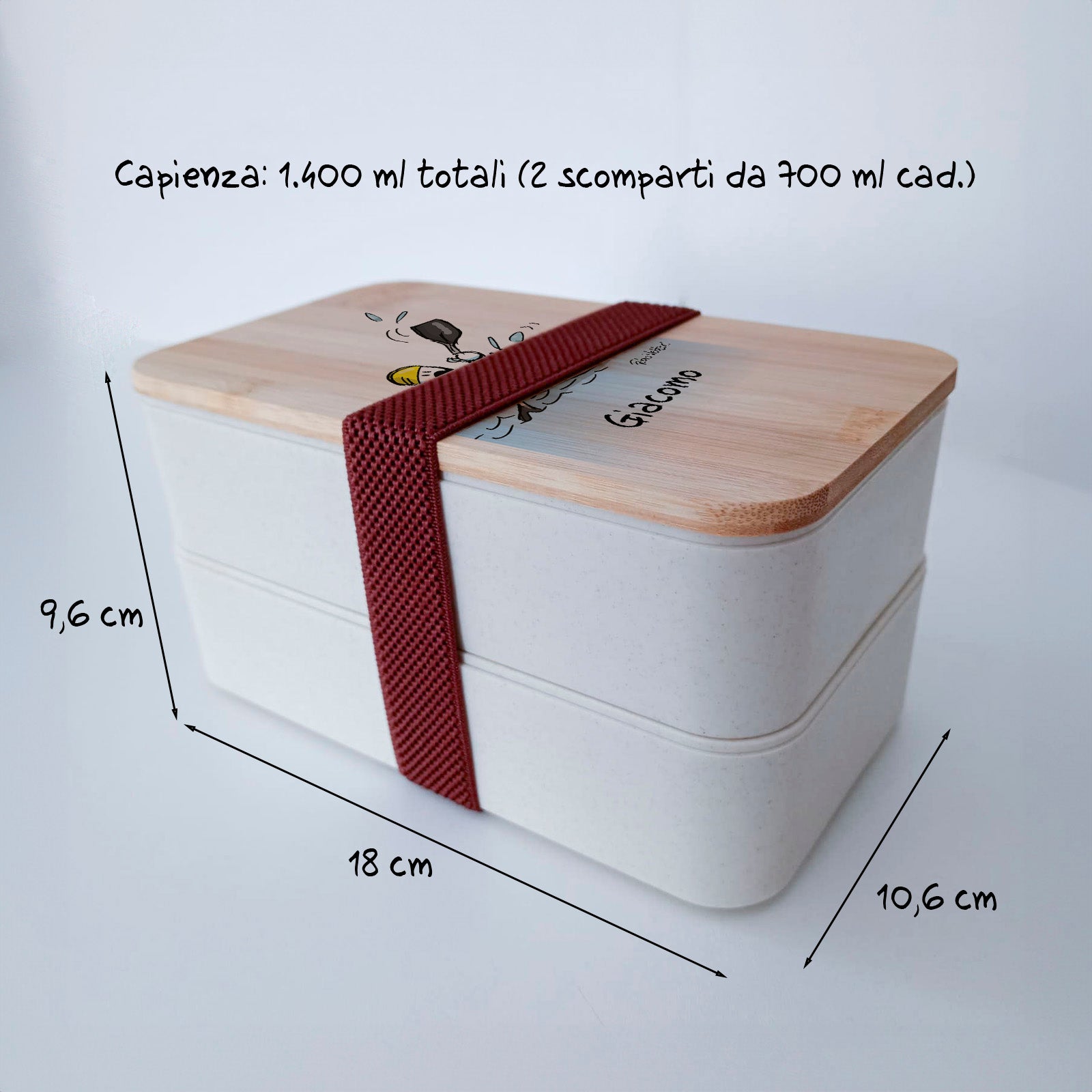 Scatola Porta Pranzo con coperchio in bambù e Posate Personalizzata soggetto "Kayak"