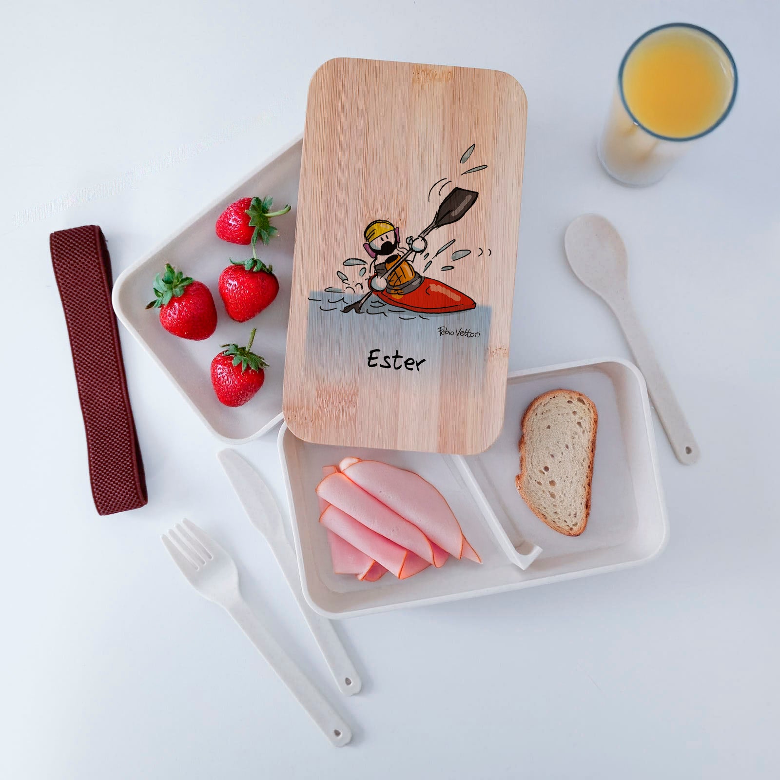 Scatola Porta Pranzo con coperchio in bambù e Posate Personalizzata soggetto "Kayak"