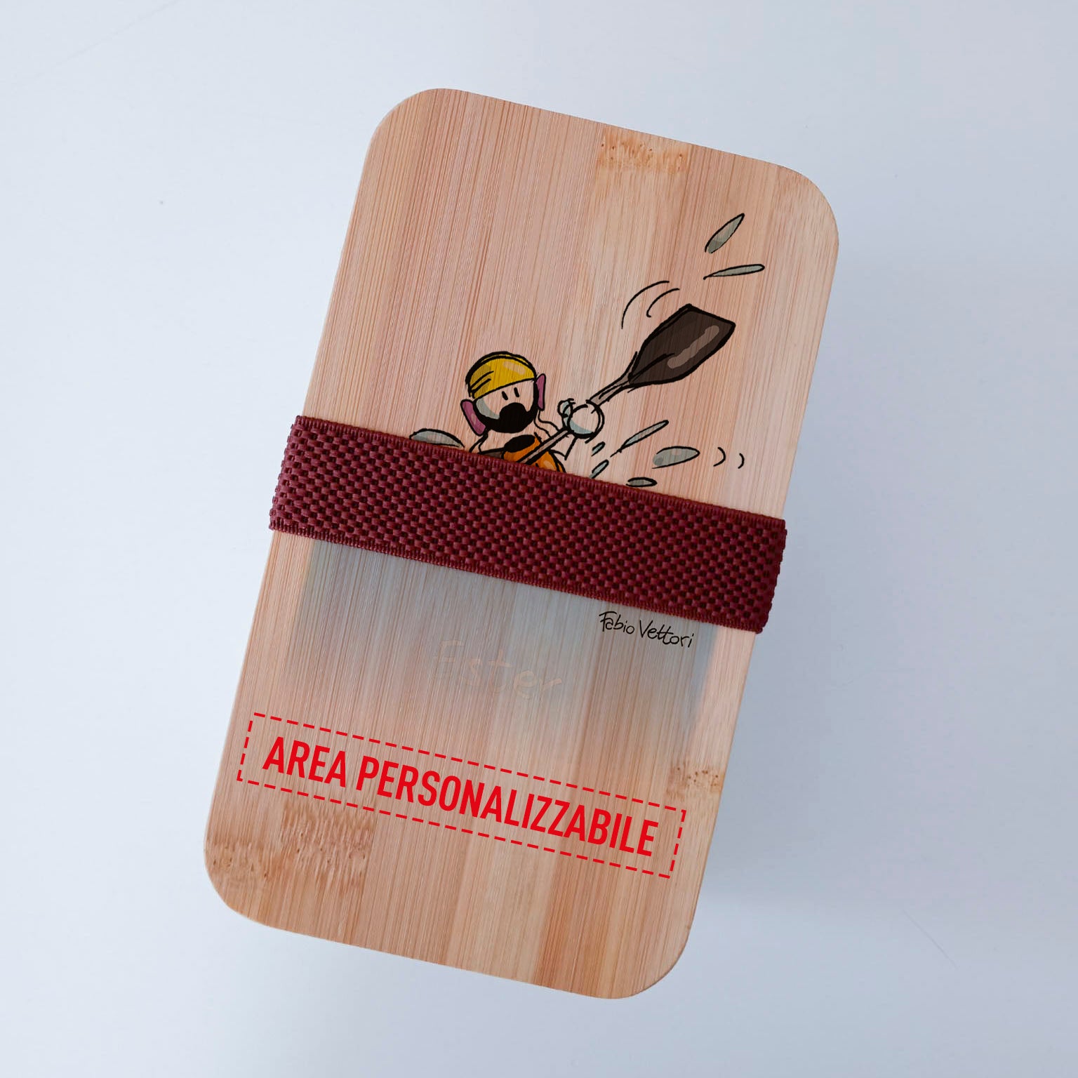 Scatola Porta Pranzo con coperchio in bambù e Posate Personalizzata soggetto "Kayak"