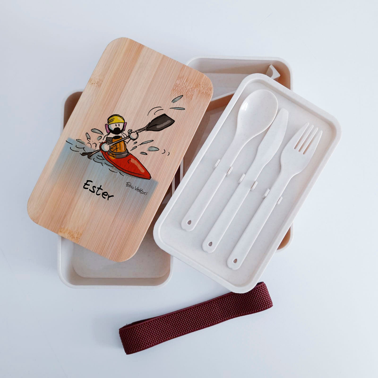 Scatola Porta Pranzo con coperchio in bambù e Posate Personalizzata soggetto "Kayak"