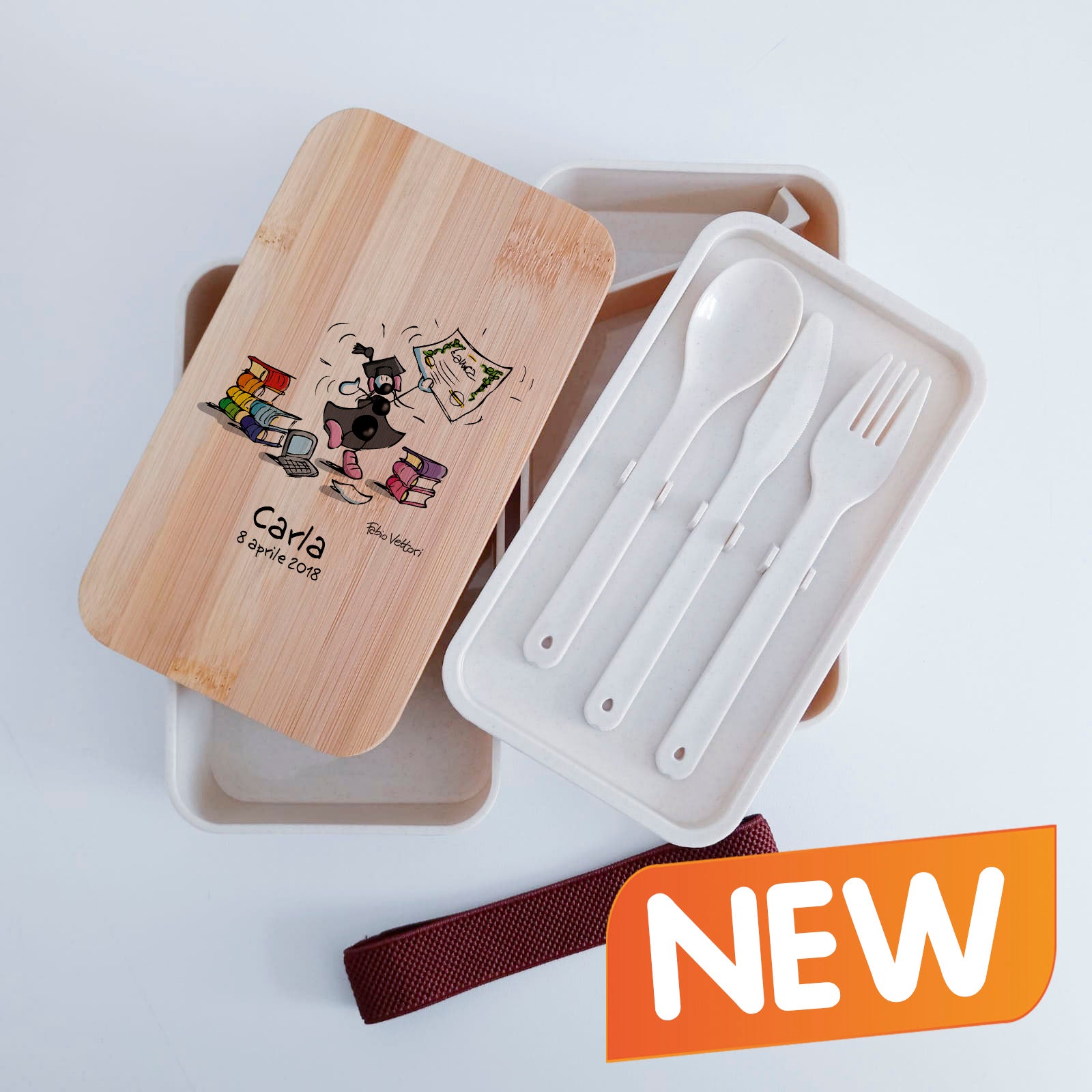 Scatola Porta Pranzo con Fascia Porta Posate Personalizzata soggetto "Laurea"