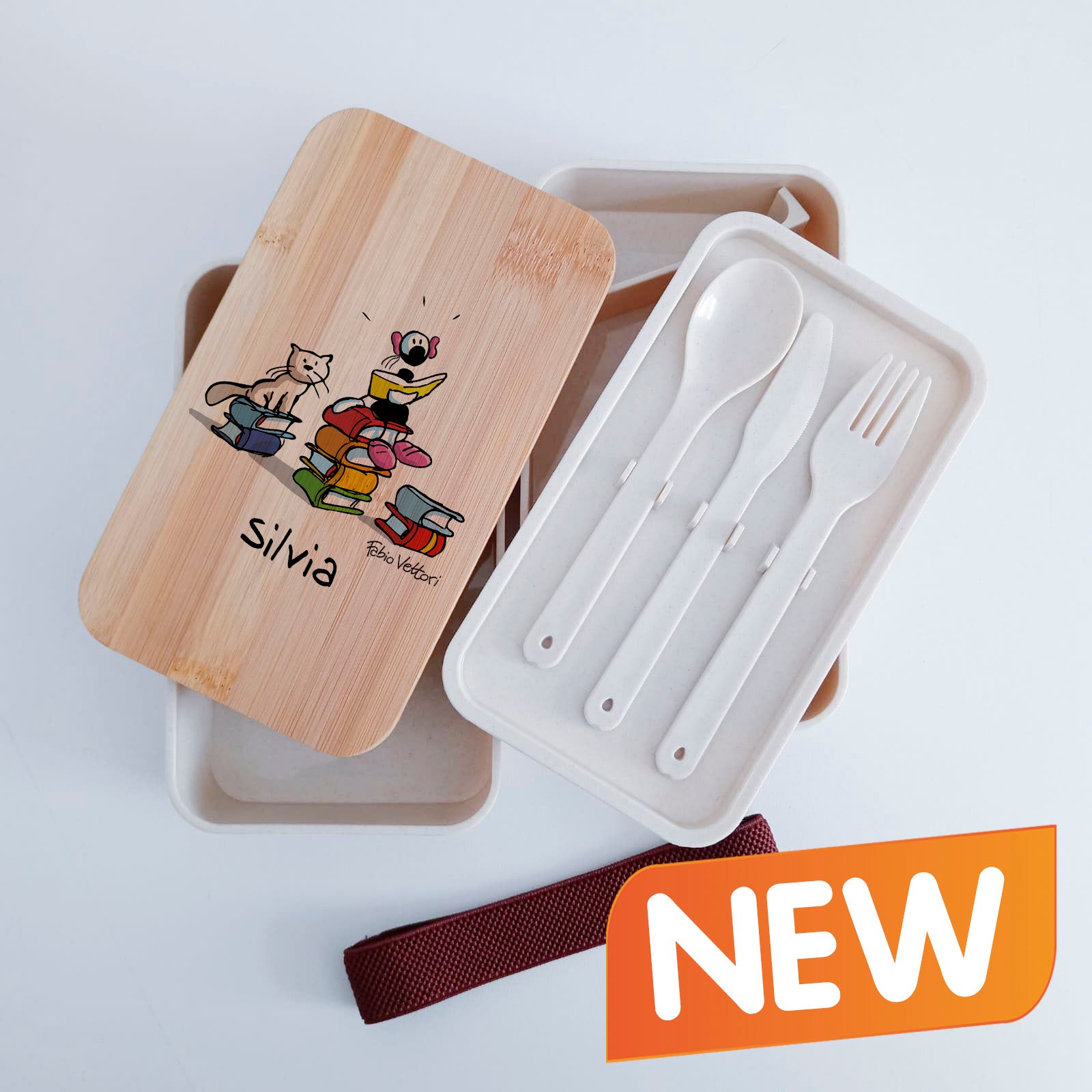 Scatola Porta Pranzo con coperchio in bambù e Posate Personalizzata soggetto "Libri"