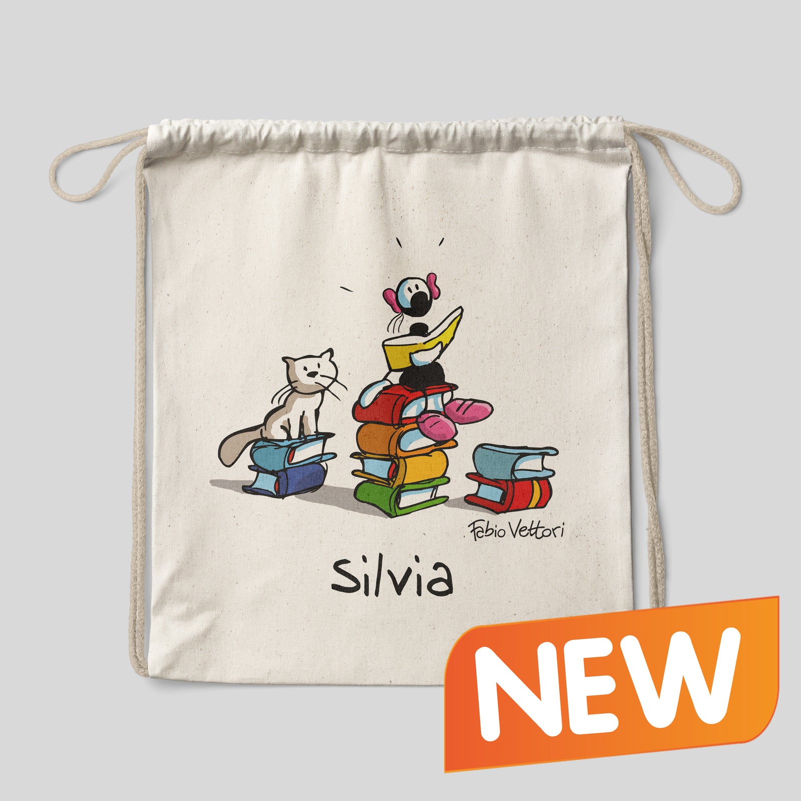 Sacca zaino personalizzata in cotone soggetto "Libri"