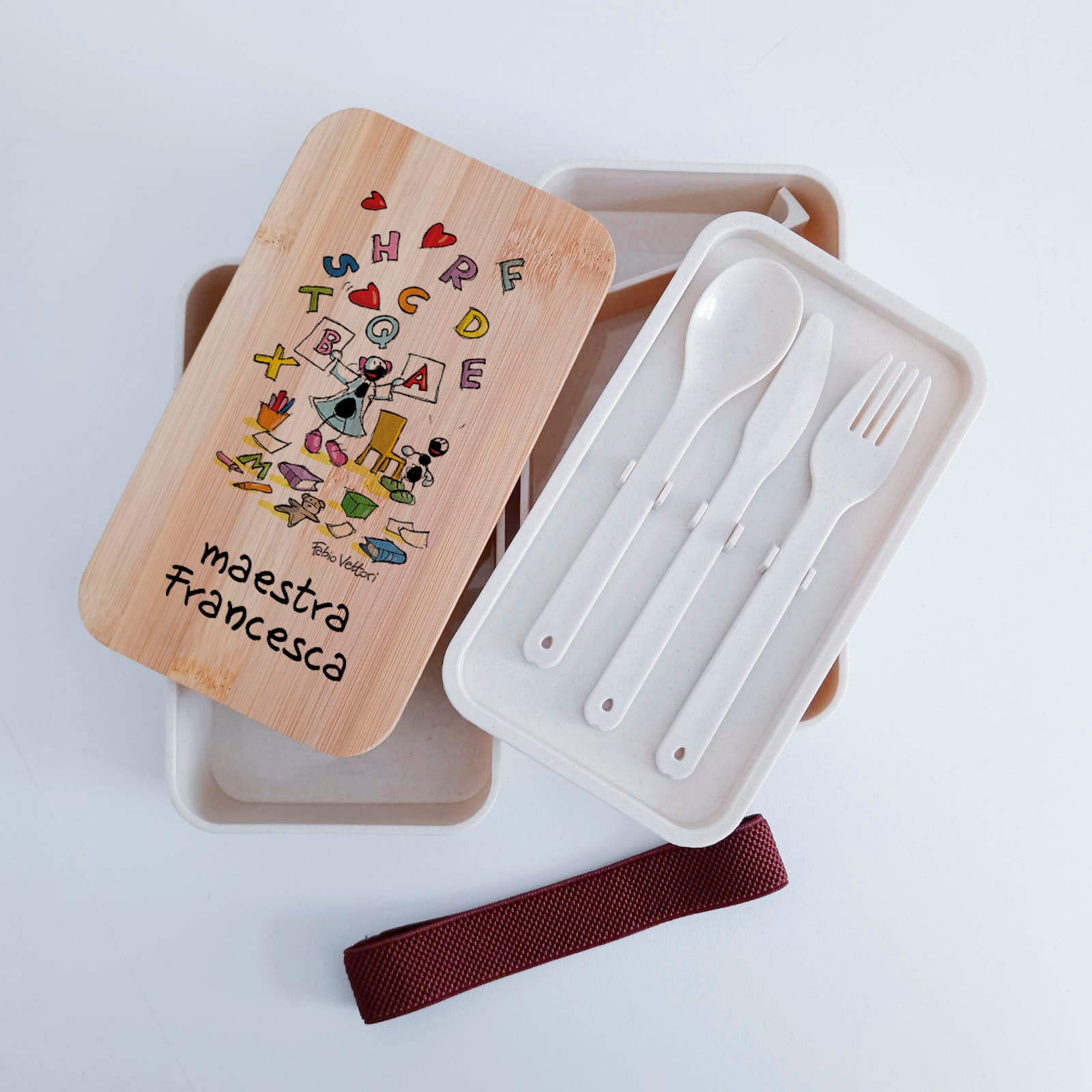 Scatola Porta Pranzo con coperchio in bambù e Posate Personalizzata soggetto "Logopedista"