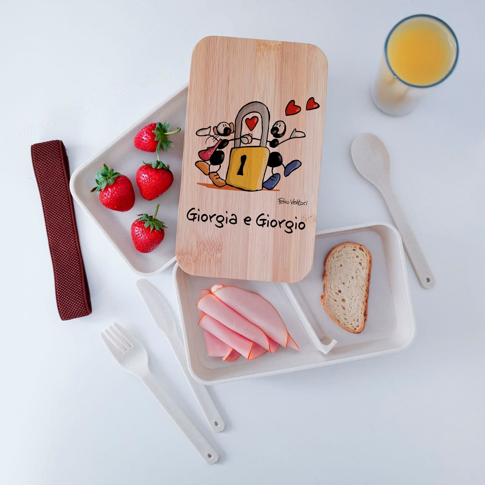 Scatola Porta Pranzo con coperchio in bambù e Posate Personalizzata soggetto "Lucchetto"