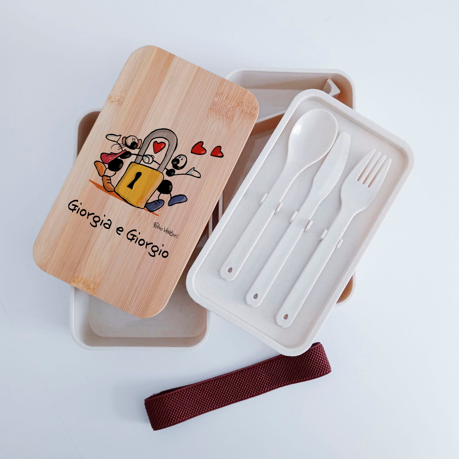 Scatola Porta Pranzo con coperchio in bambù e Posate Personalizzata soggetto "Lucchetto"