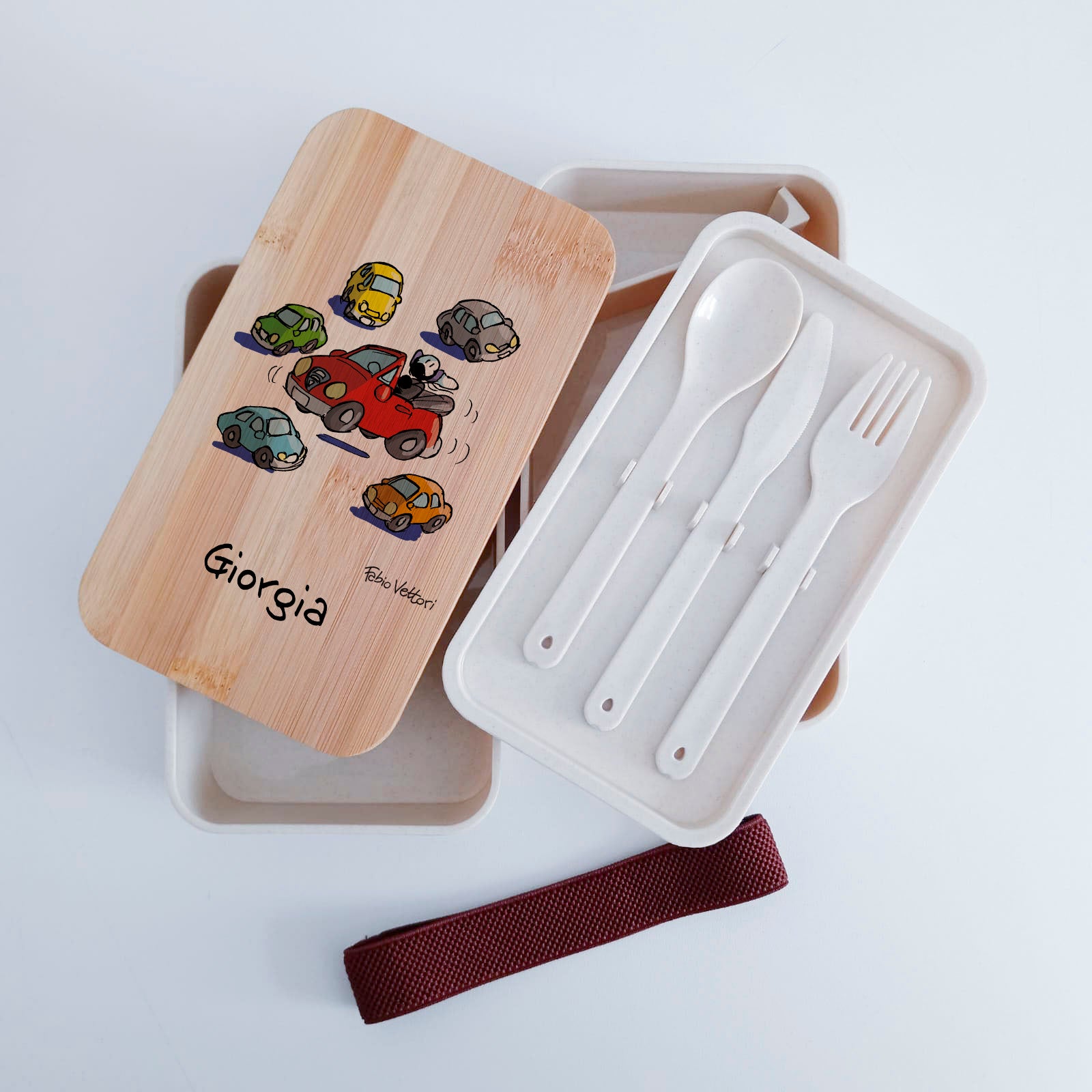 Scatola Porta Pranzo con coperchio in bambù e Posate Personalizzata soggetto "Macchinine"